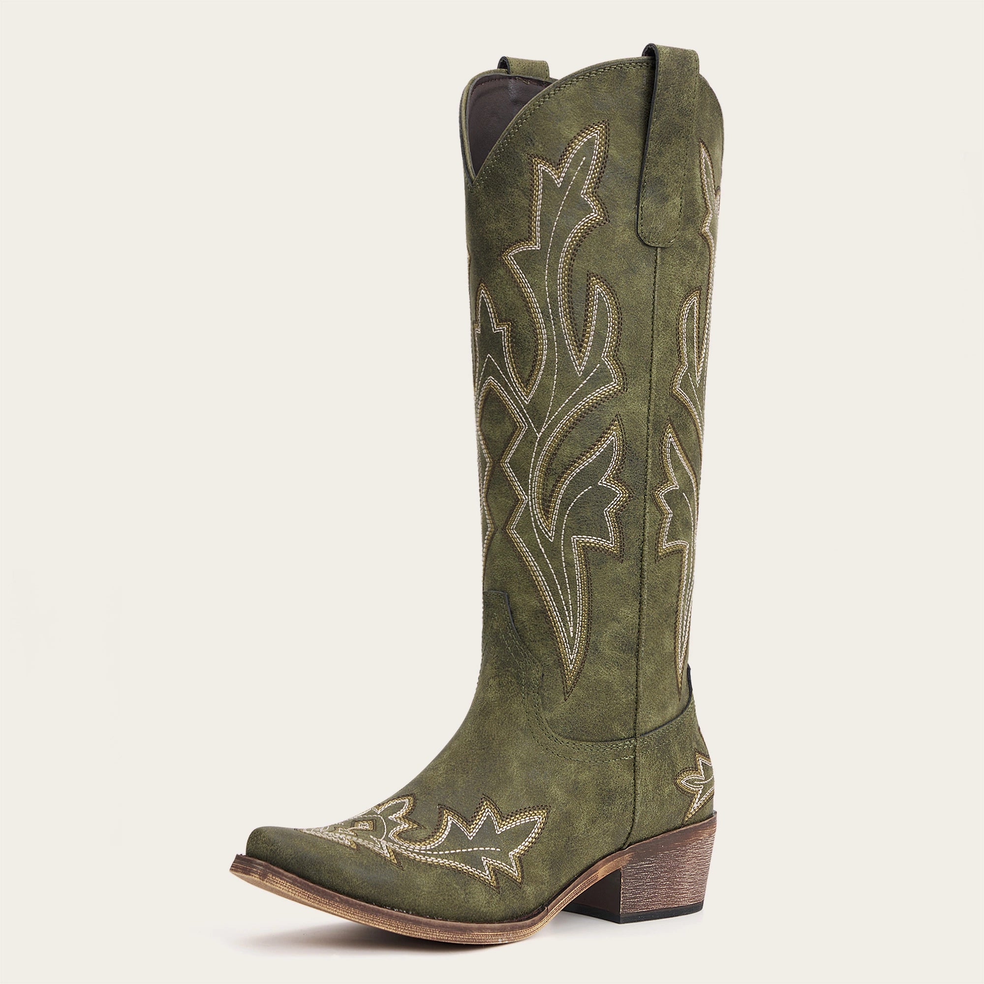The Etta - Olive Short Tall Cowgirl Boots with Delicate Embroidery
