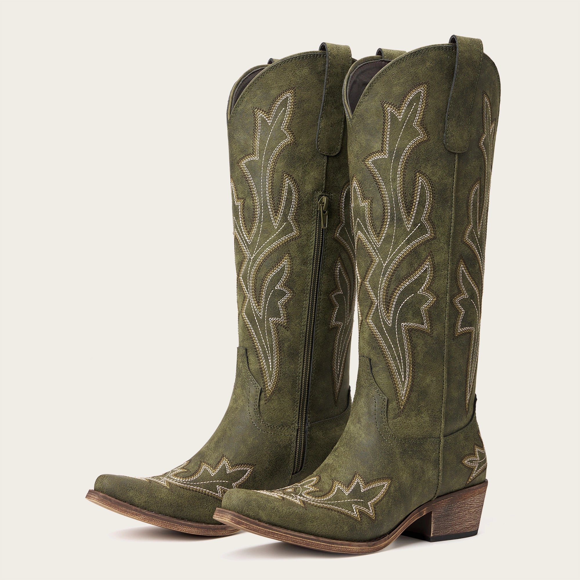 The Etta - Olive Short Tall Cowgirl Boots with Delicate Embroidery