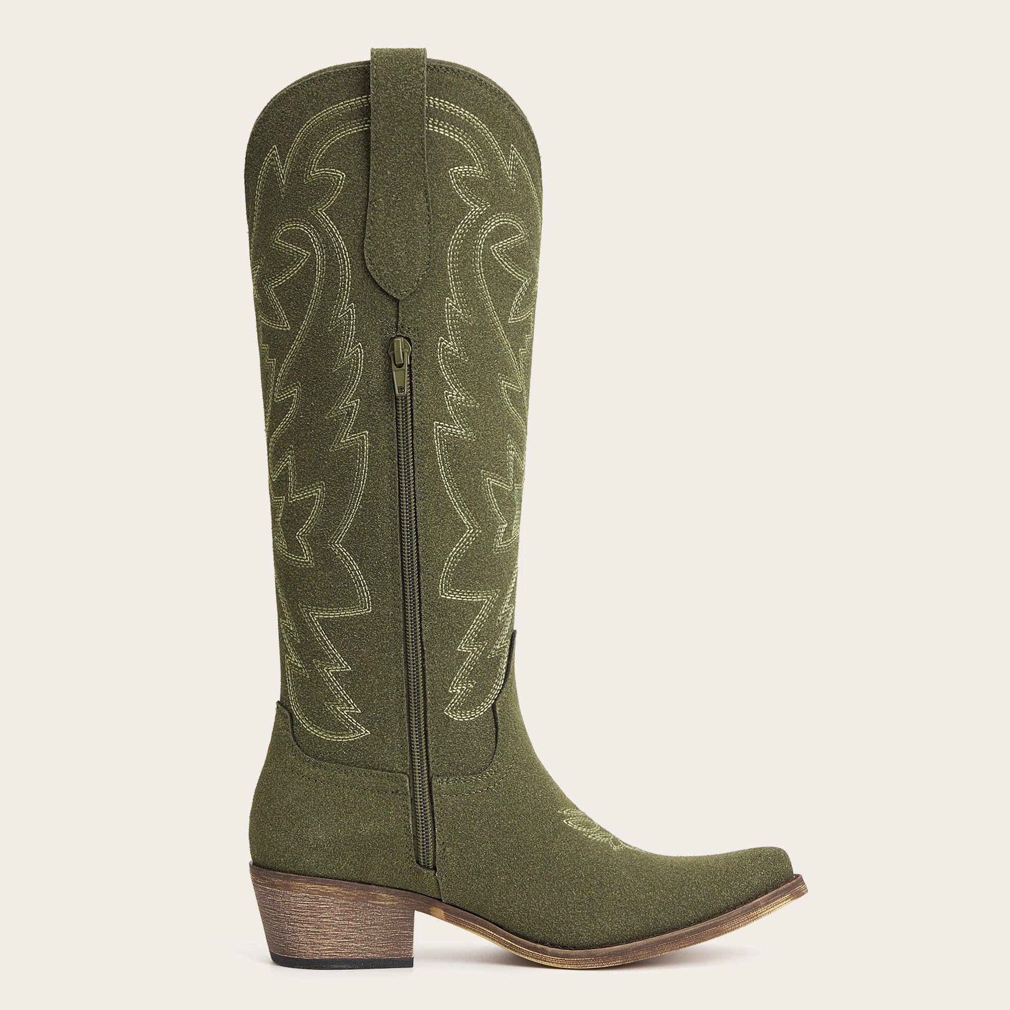 The Molly Wood – Olive Suede Snip Toe Embroidered Cute Comfortable Tall Cowgirl Boots