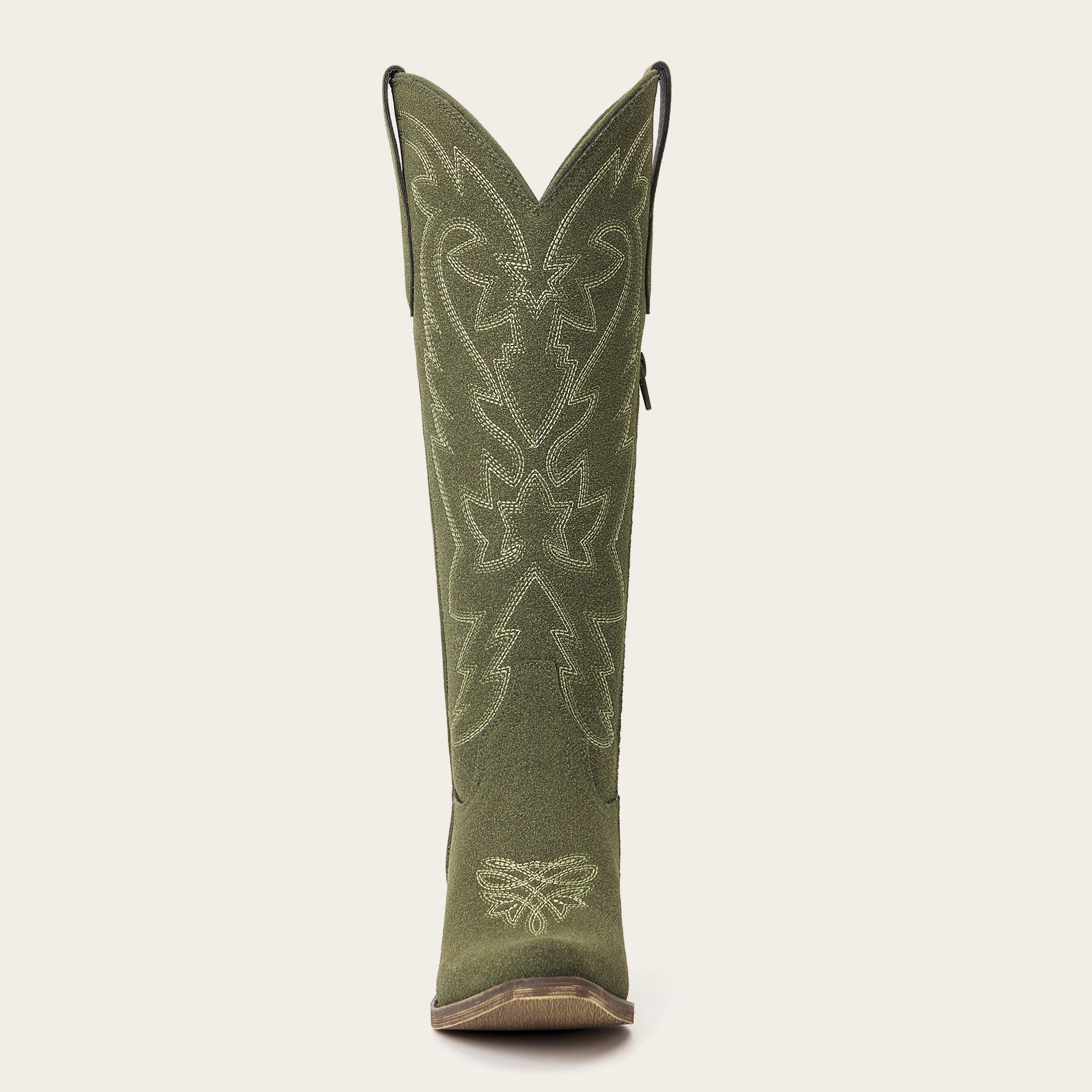 The Molly Wood – Olive Suede Snip Toe Embroidered Cute Comfortable Tall Cowgirl Boots