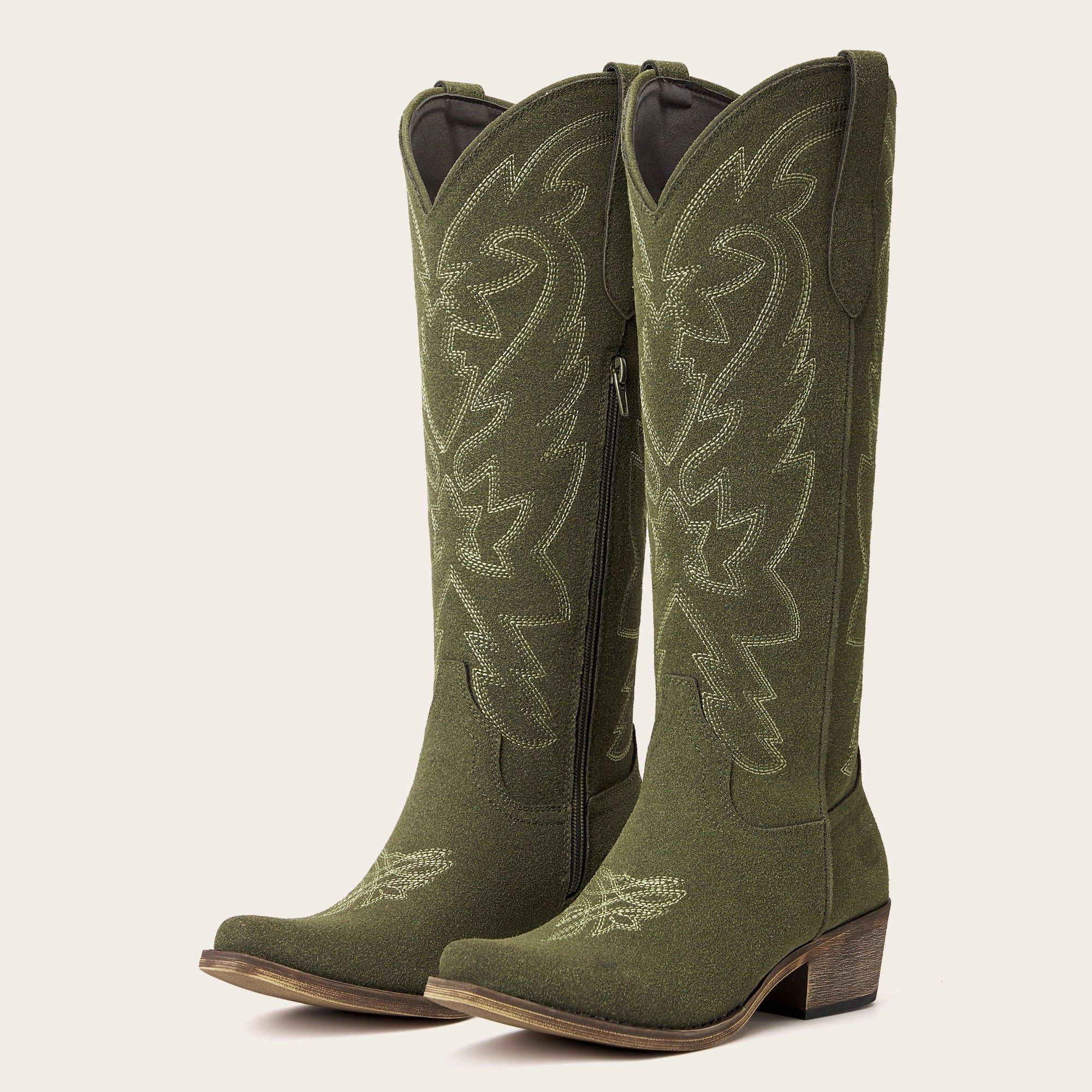 The Molly Wood – Olive Suede Snip Toe Embroidered Cute Comfortable Tall Cowgirl Boots
