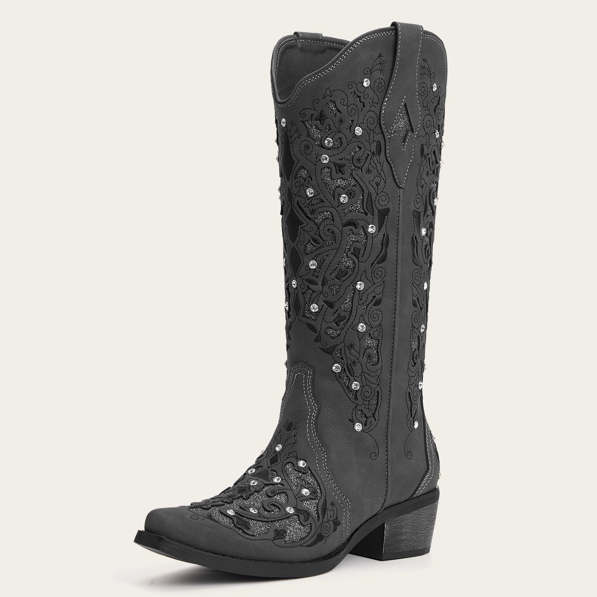The Ballou - Charcoal Embroidered Cowgirl Boots with Rhinestone and Cutouts