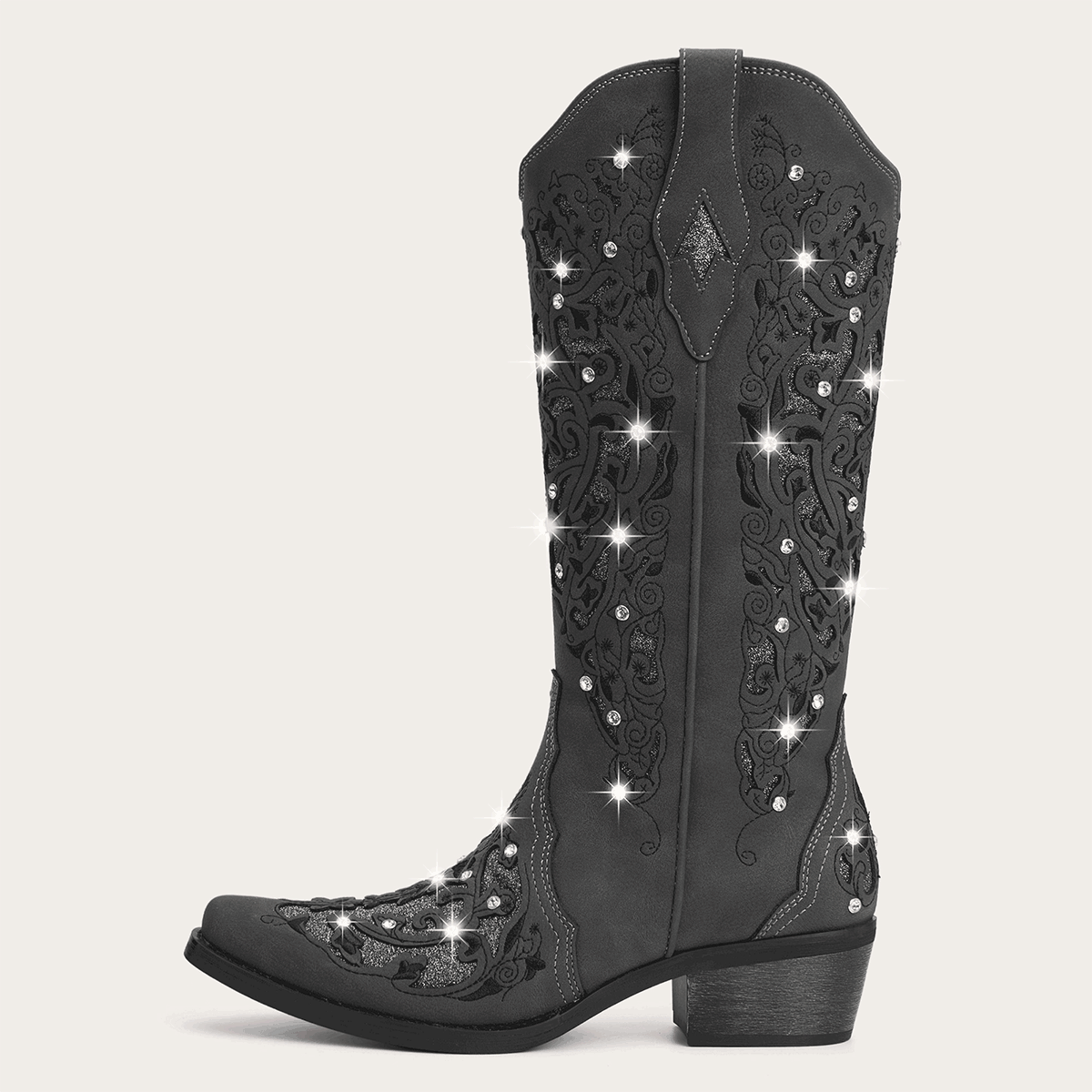 The Ballou - Charcoal Embroidered Cowgirl Boots with Rhinestone and Cutouts