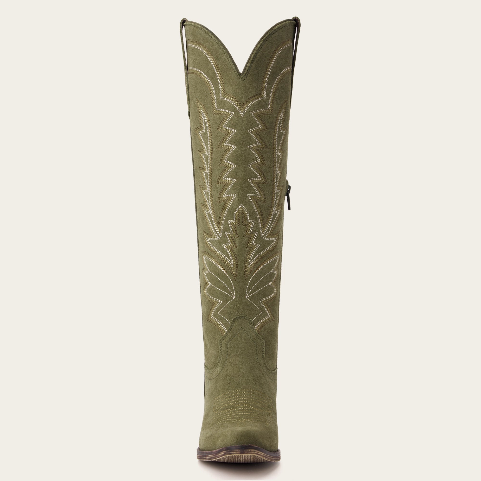 The Laurey - Olive Green Suede Embroidered Snip Toe Cowgirl Boots with Side Zipper