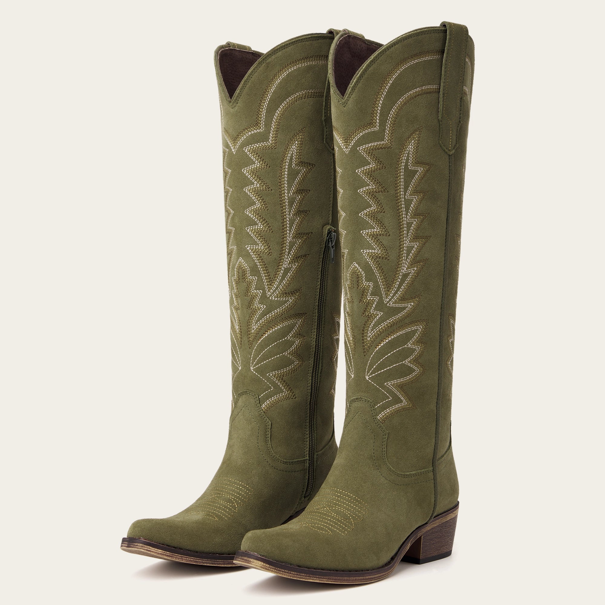 The Laurey - Olive Green Suede Embroidered Snip Toe Cowgirl Boots with Side Zipper