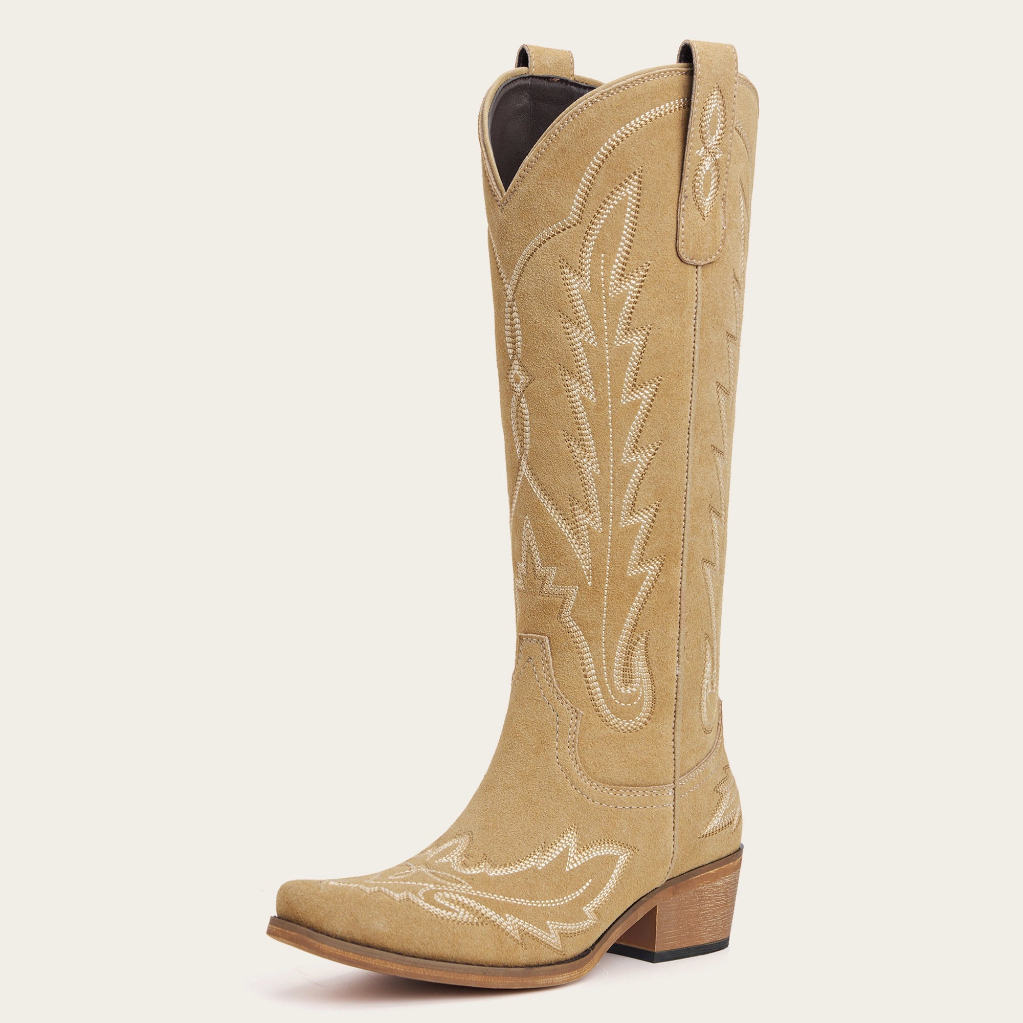 The Rosemary - Beige Embroidered Tall Western Cowgirl Boots with Side Zipper