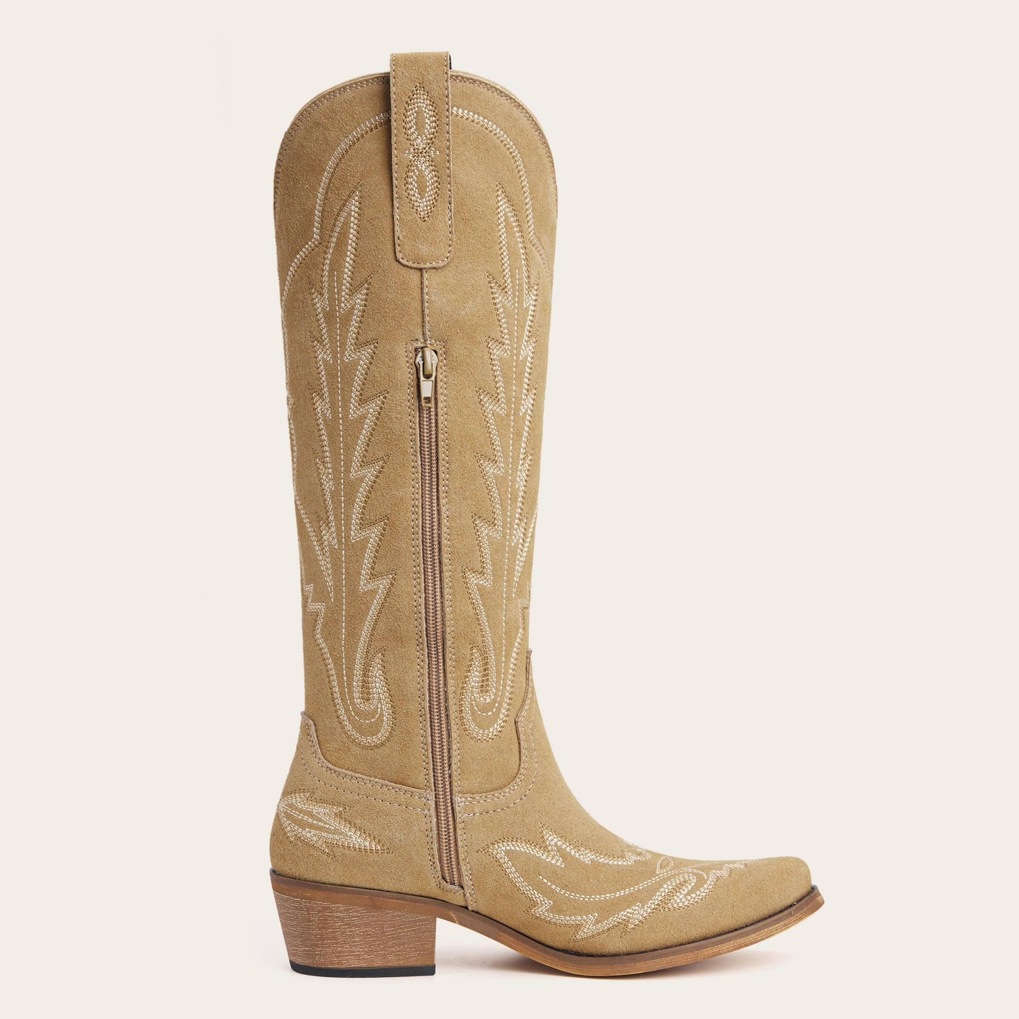 The Rosemary - Beige Embroidered Tall Western Cowgirl Boots with Side Zipper