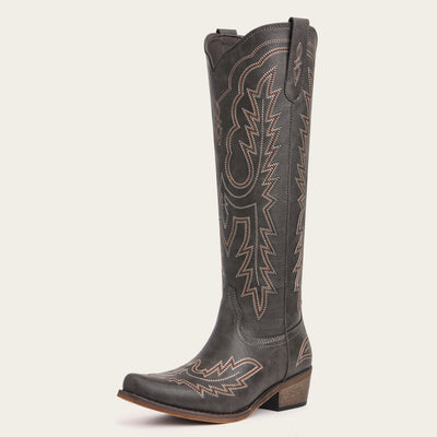 The Montana - Charcoal Black Embroidered Snip Toe Tall Cowgirl Boots with Side Zipper