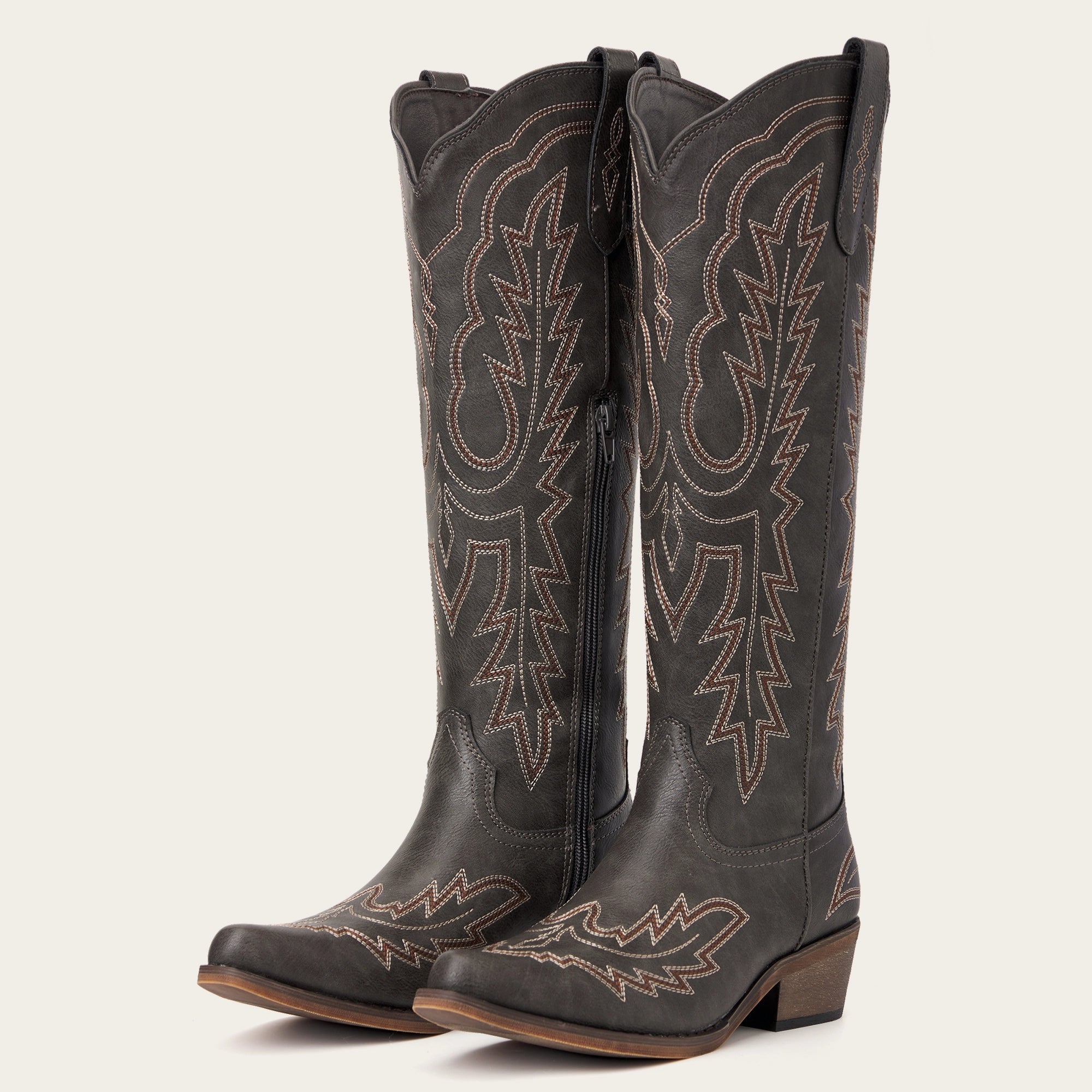 The Montana - Charcoal Black Embroidered Snip Toe Tall Cowgirl Boots with Side Zipper