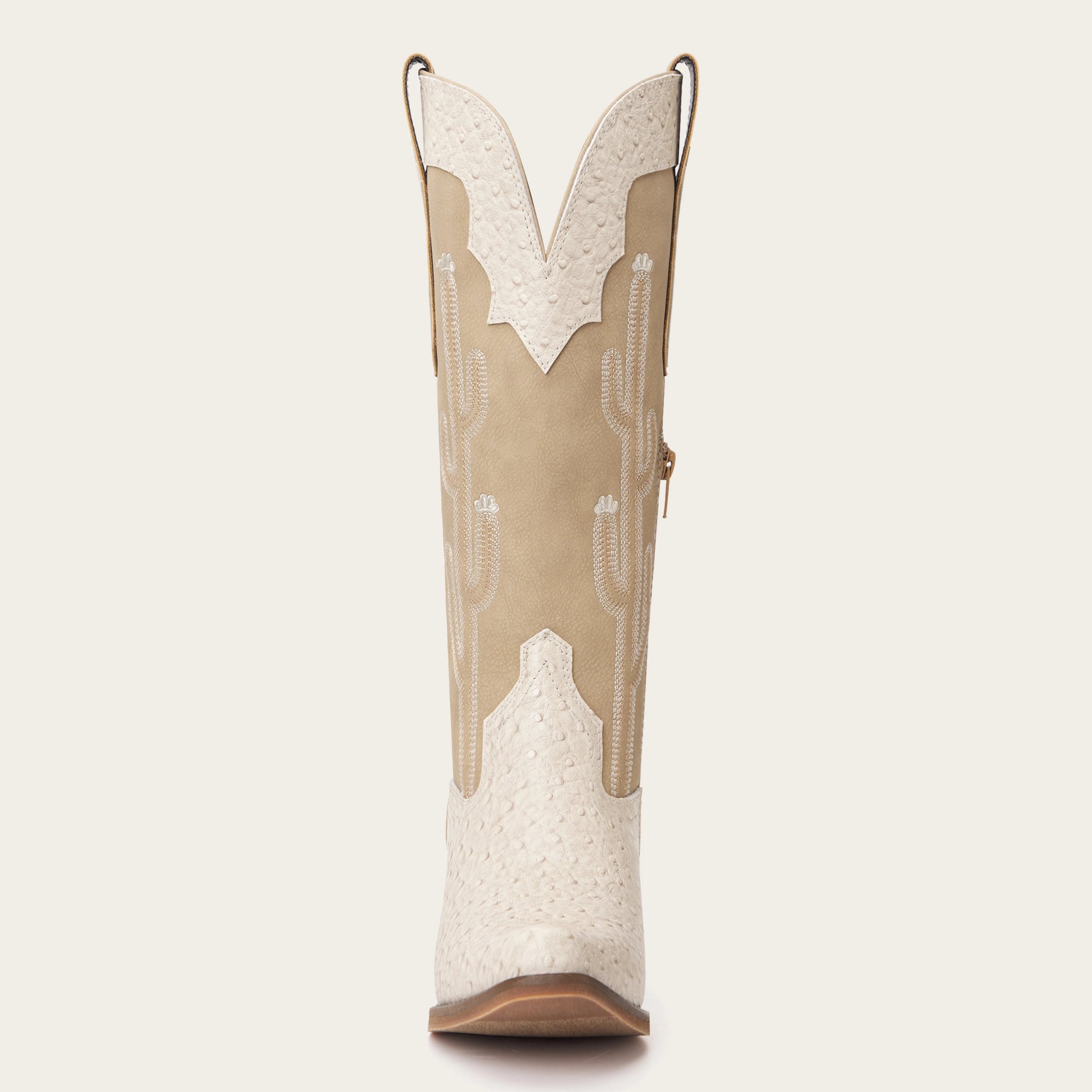 The Saguaro - Cream Ostrich-Inspired Snip Toe Cowgirl Boots with Side Zipper