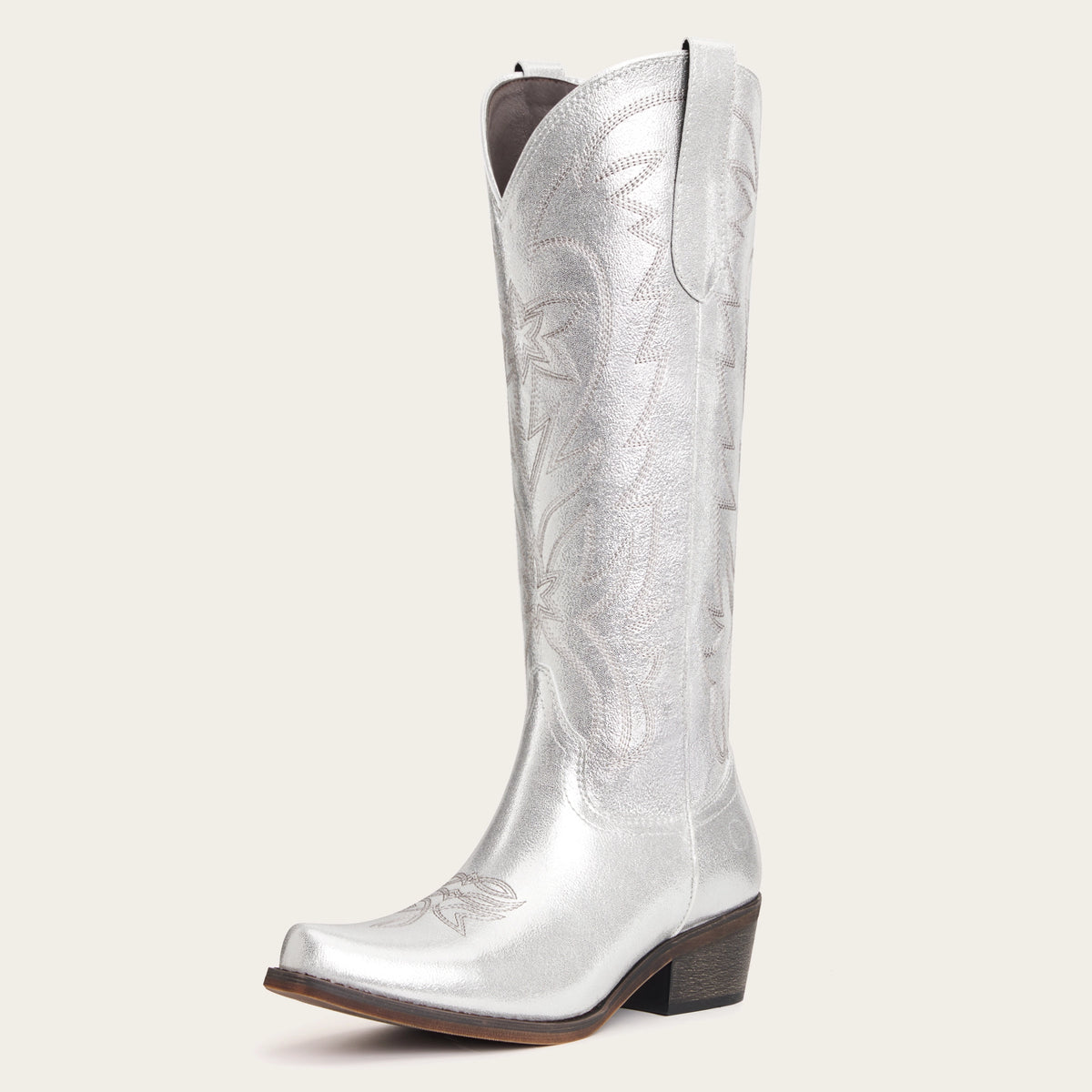The Molly Wood - Metallic Silver Starburst Embroidered Tall Western Cowgirl Boots with Side Zipper