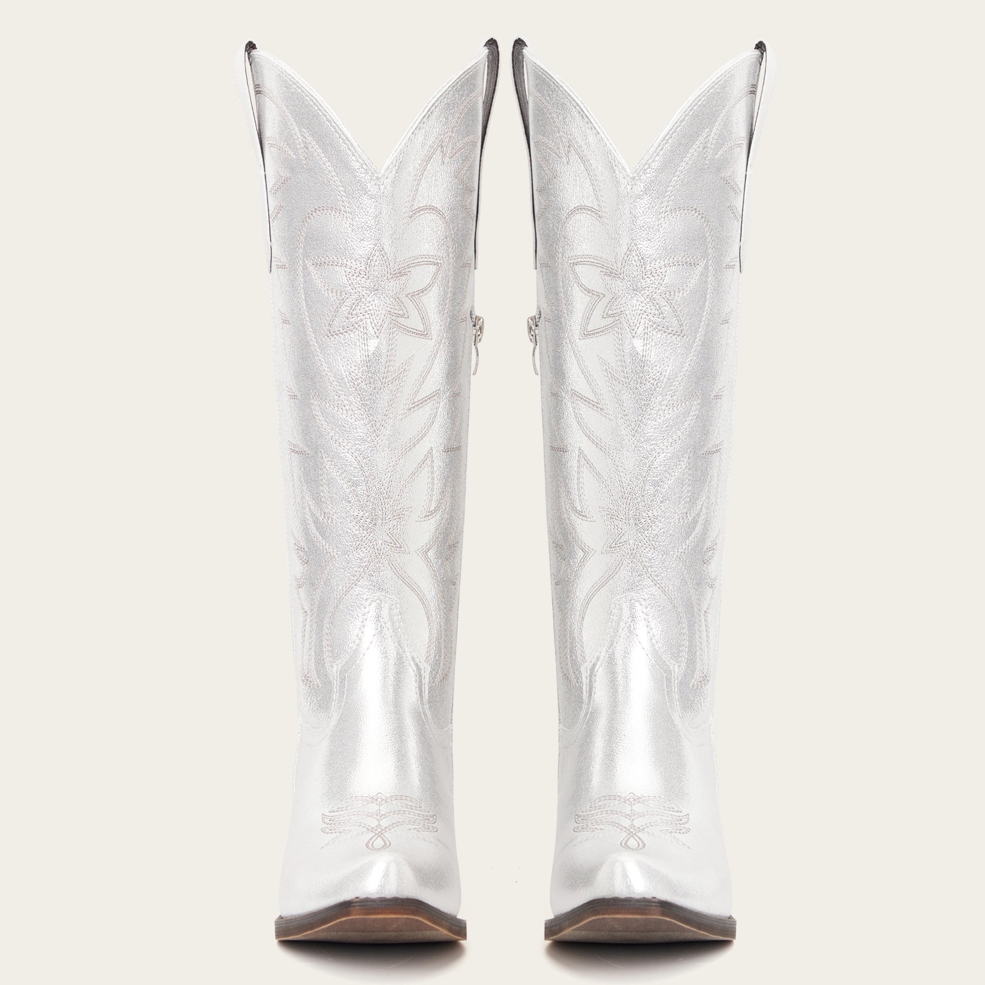 The Molly Wood - Metallic Silver Starburst Embroidered Tall Western Cowgirl Boots with Side Zipper