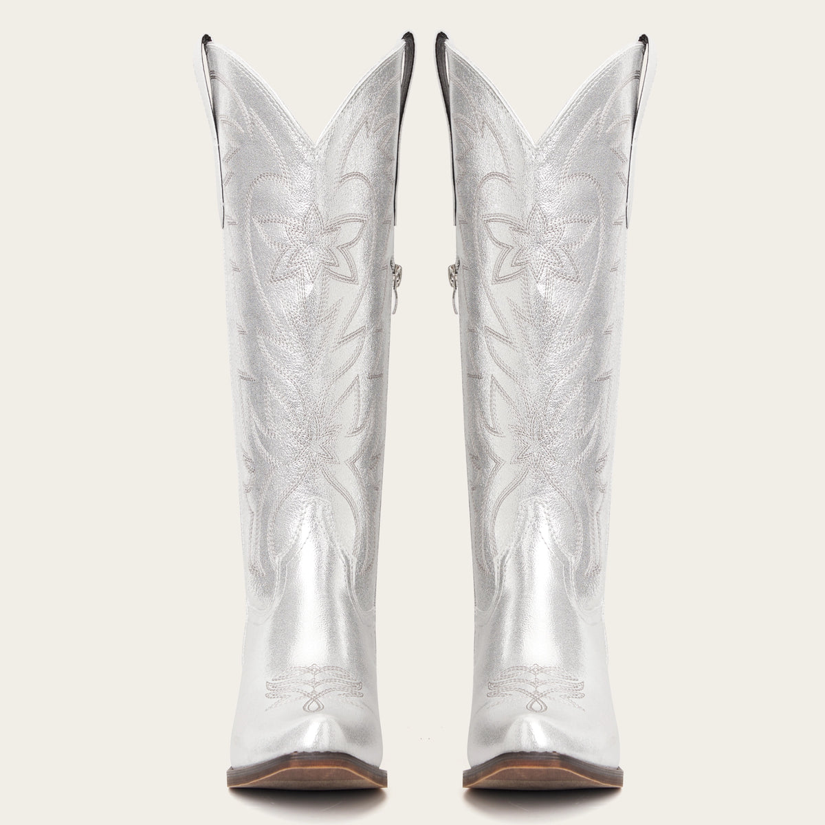 The Molly Wood - Metallic Silver Starburst Embroidered Tall Western Cowgirl Boots with Side Zipper