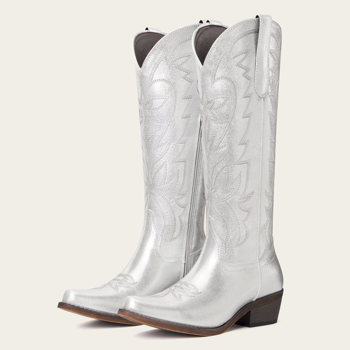 The Molly Wood - Metallic Silver Starburst Embroidered Tall Western Cowgirl Boots with Side Zipper
