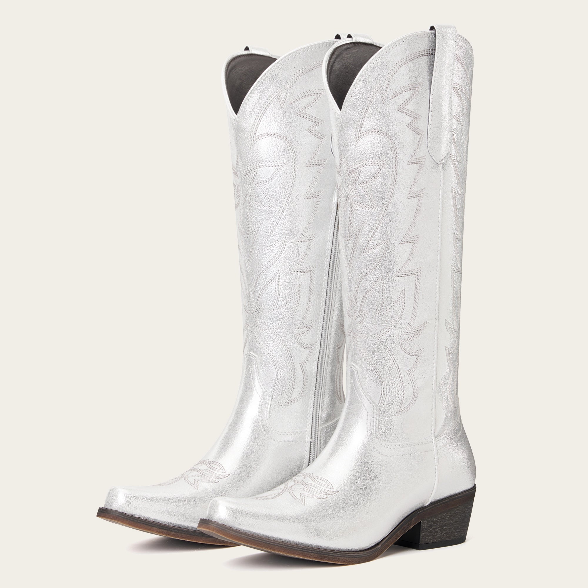 The Molly Wood - Metallic Silver Starburst Embroidered Tall Western Cowgirl Boots with Side Zipper
