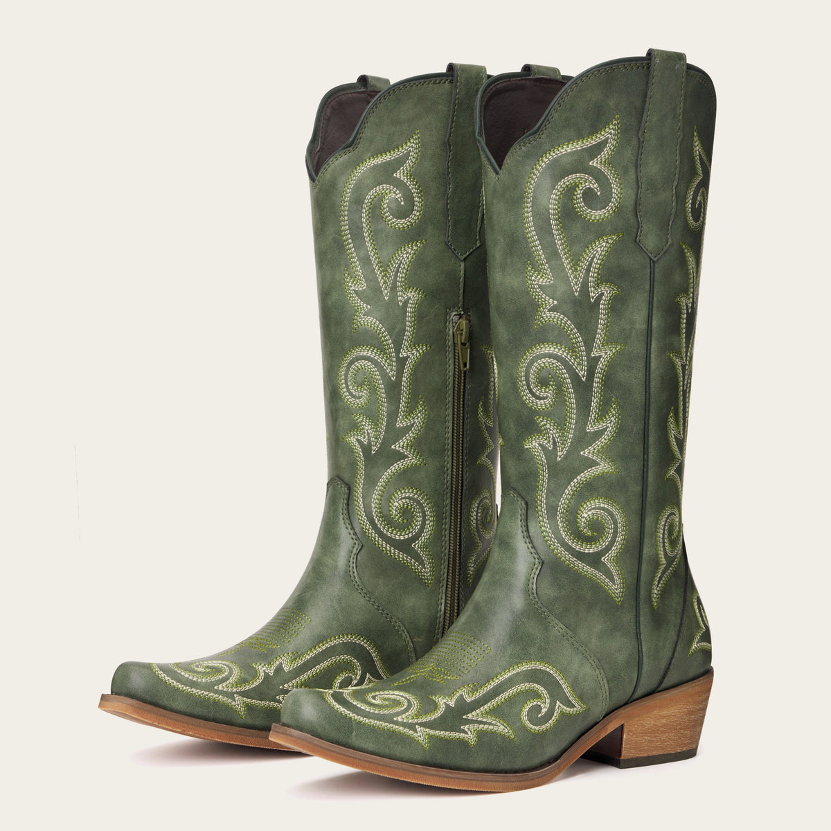 The Jolene - Sage Green Scroll Embroidered Snip Toe Cowgirl Boots with Side Zipper