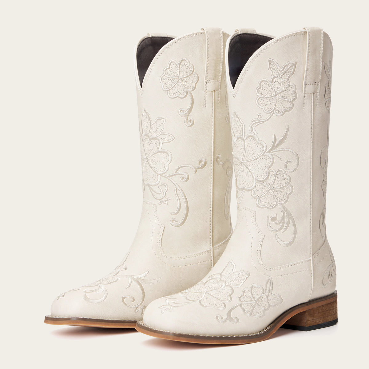 The Magnolia - Cream Floral Embroidered Square Toe Short Cowgirl Boots with Low Heel