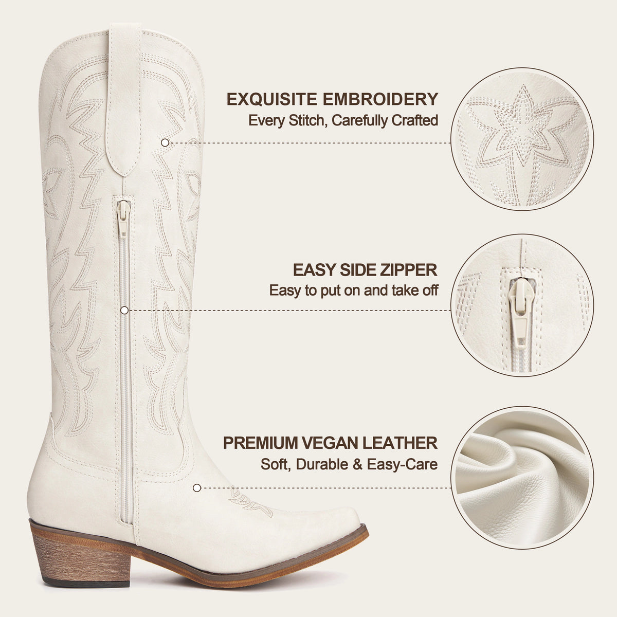 The Molly Wood - Cream Starburst Embroidered Tall Western Cowgirl Boots with Side Zipper