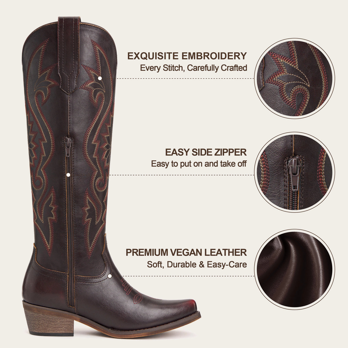 The Roswell - Mahogany Tall Embroidered Cowgirl Boots with Side Zipper