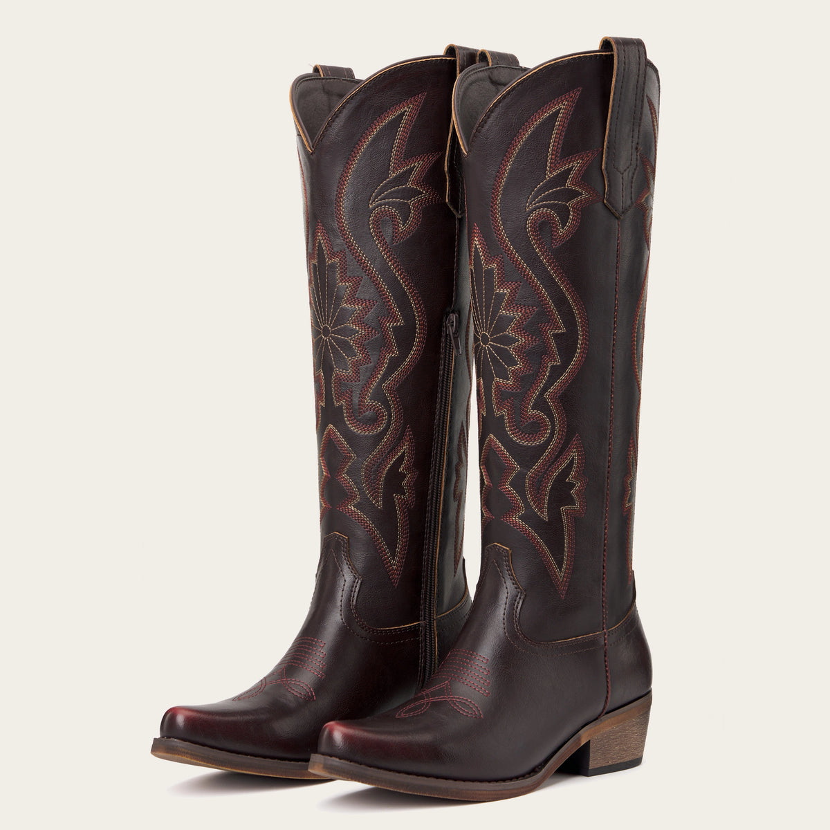 The Roswell - Mahogany Tall Embroidered Cowgirl Boots with Side Zipper