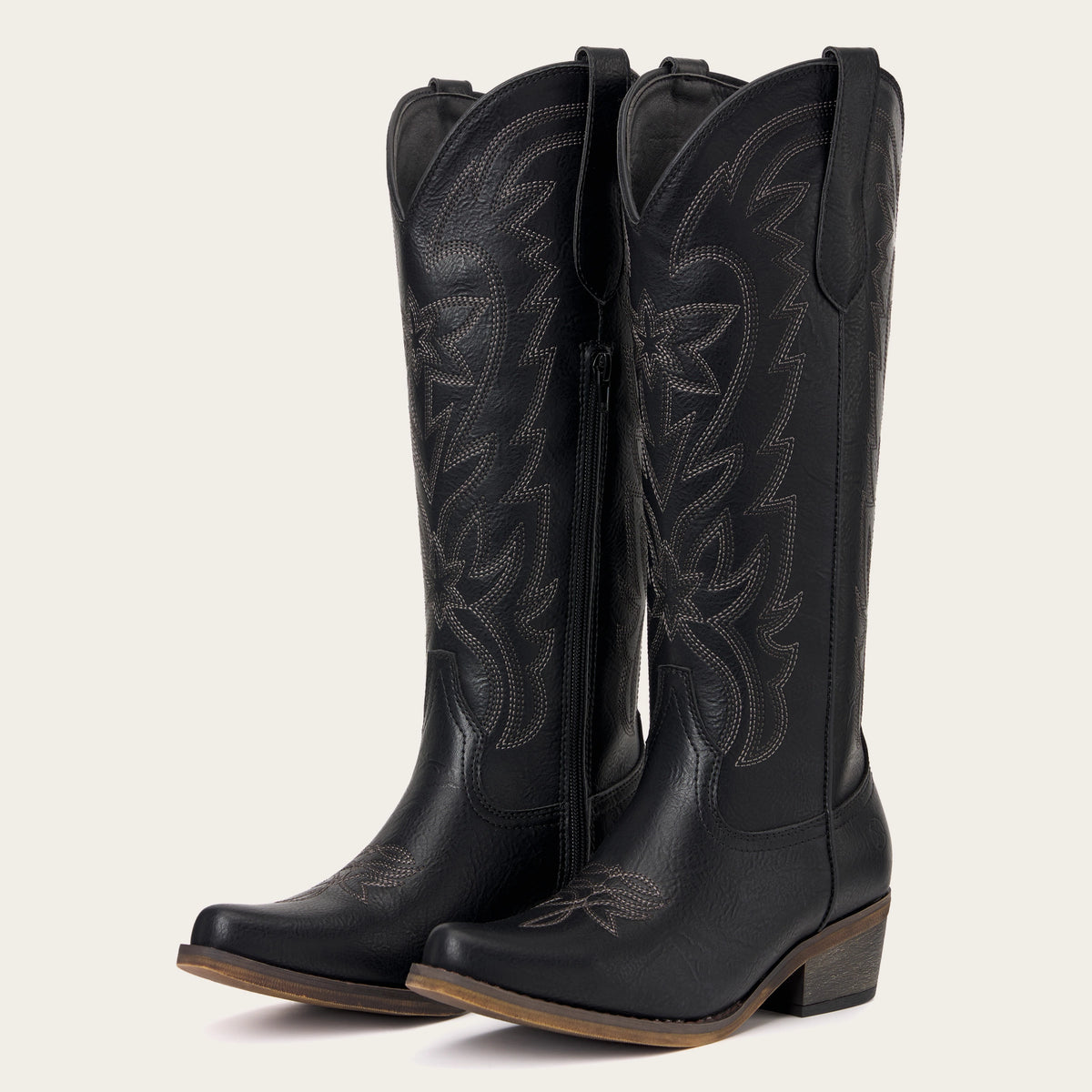 The Molly Wood - Black Starburst Embroidered Tall Western Cowgirl Boots with Side Zipper