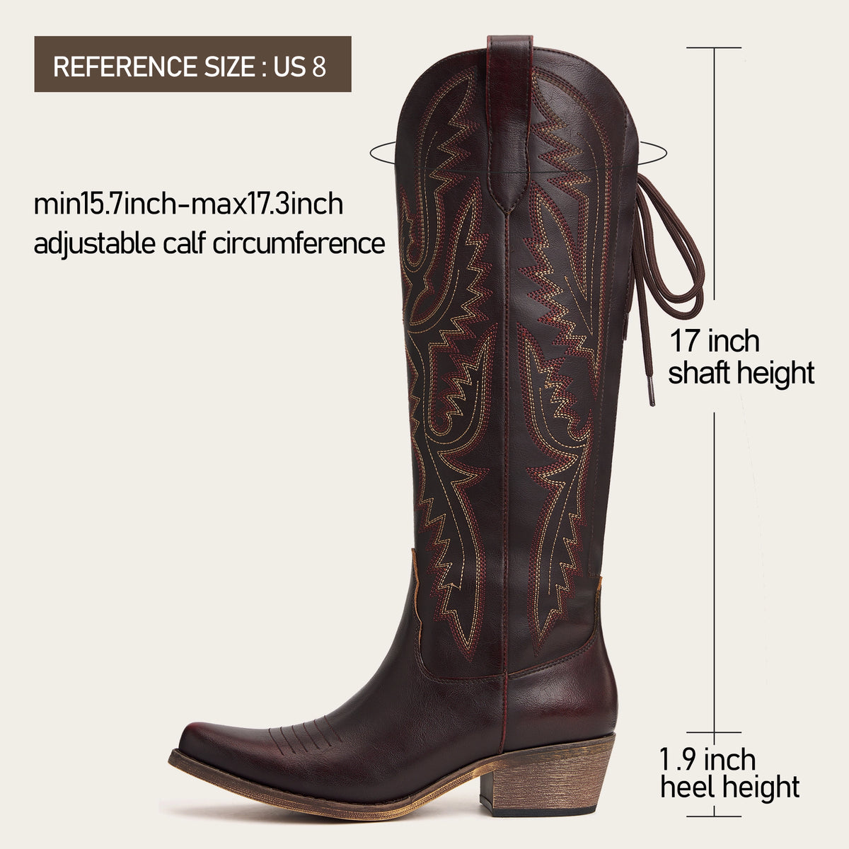 The Withersteen - Mahogany Adjustable Wide Calf Snip Toe Cowgirl Boots