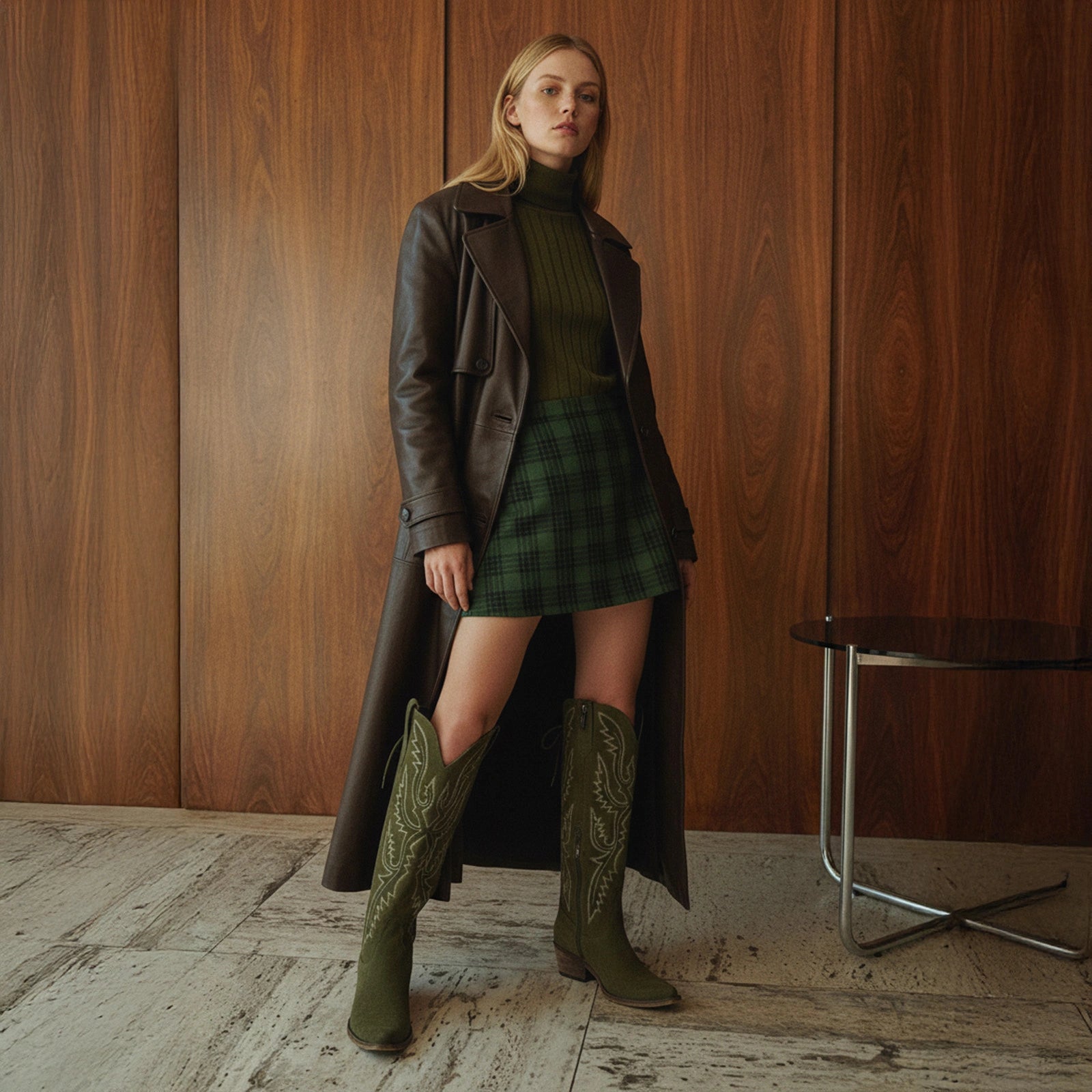 The Withersteen – Olive Suede Tall Cowgirl Boots with Bold Embroidery and Lace-Up Back