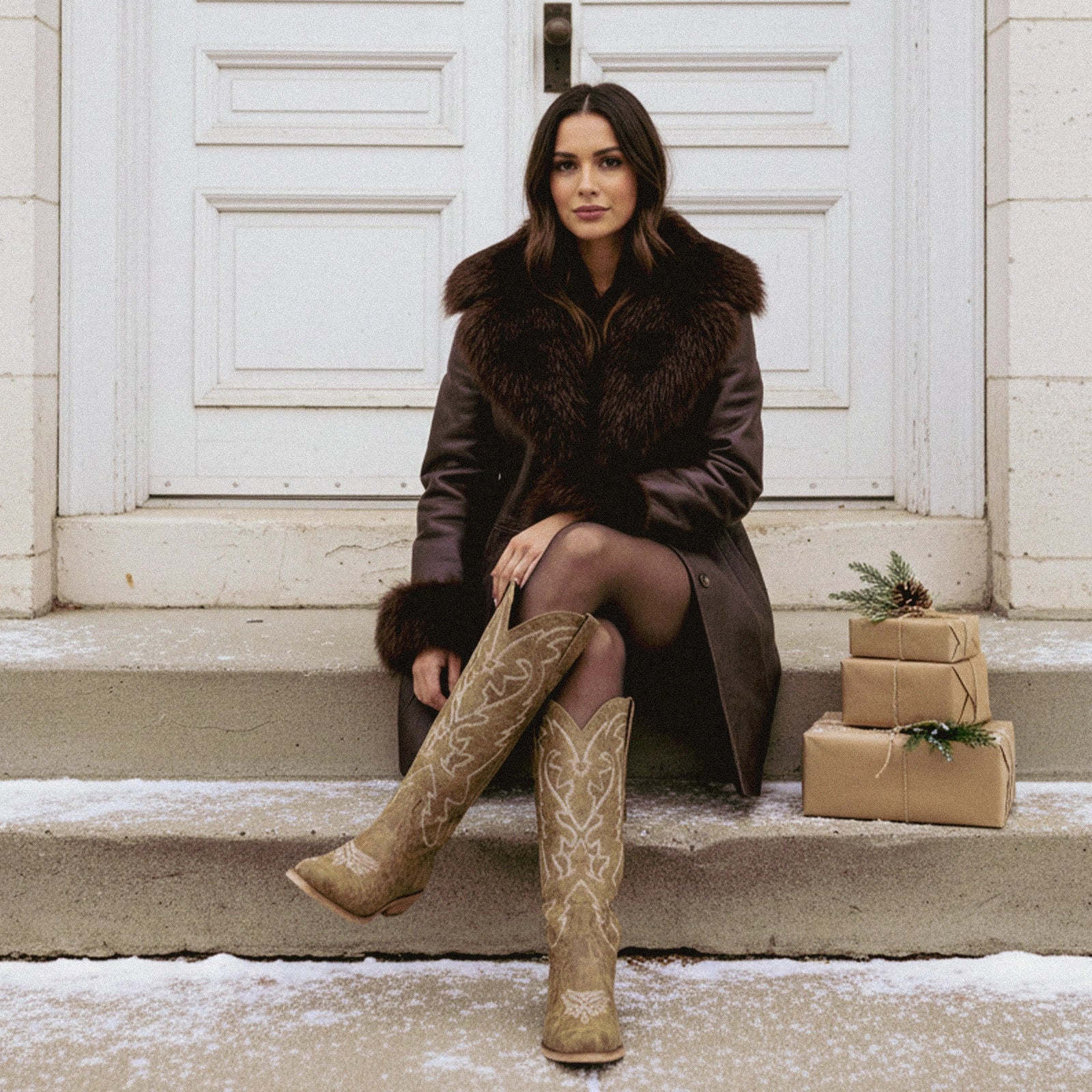 The Molly Wood – Distressed Tan Leather Snip Toe Embroidered Comfy Tall Cowgirl Boots