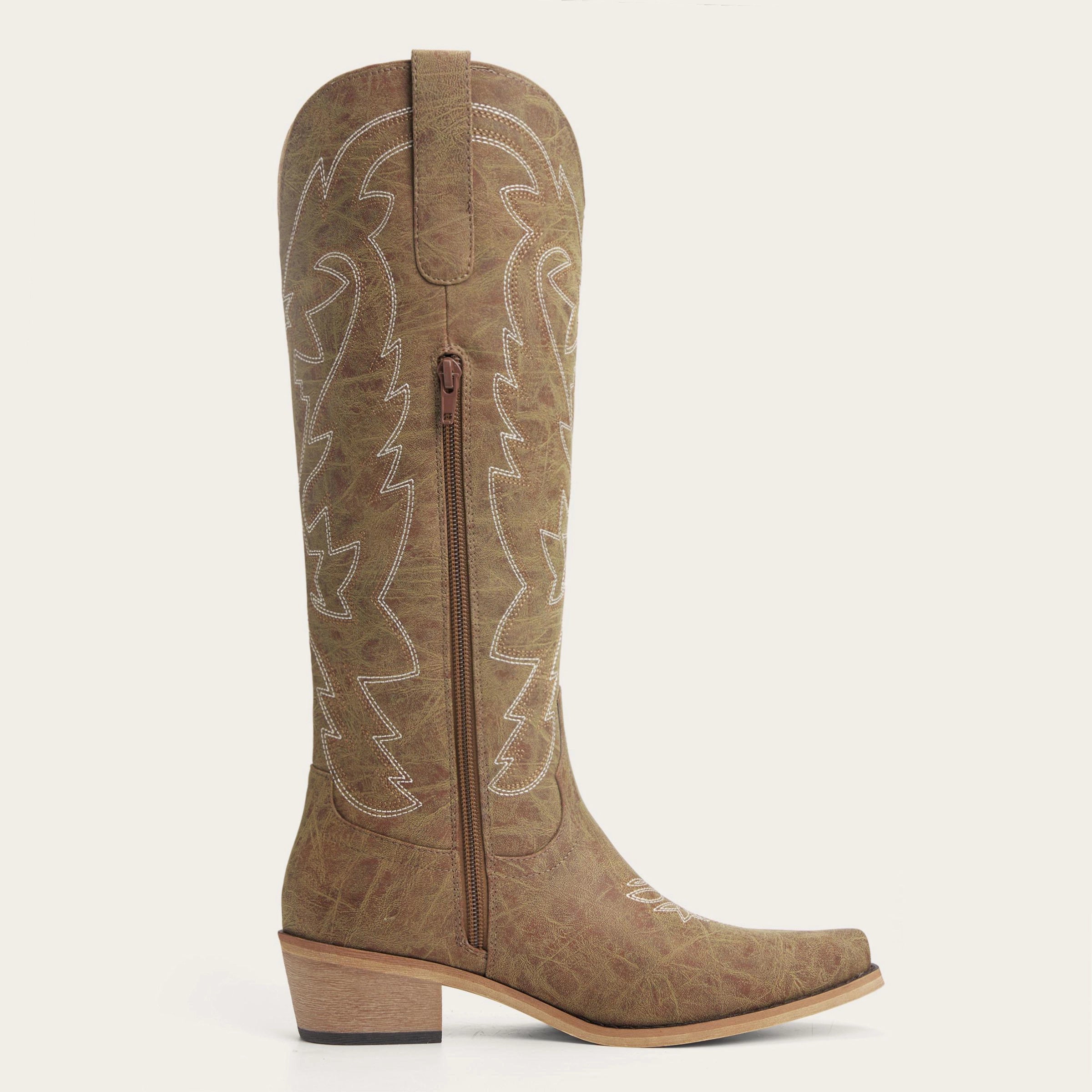 The Molly Wood - Distressed Beige Embroidered Tall Western Cowgirl Boots with Side Zipper