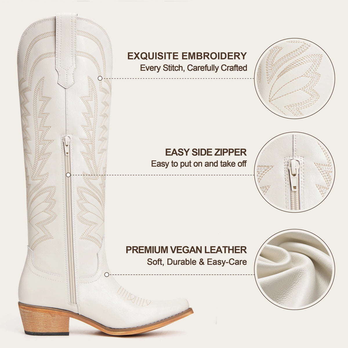 The Laurey - Cream Embroidered Soft Snip Toe Cowgirl Boots with Side Zipper