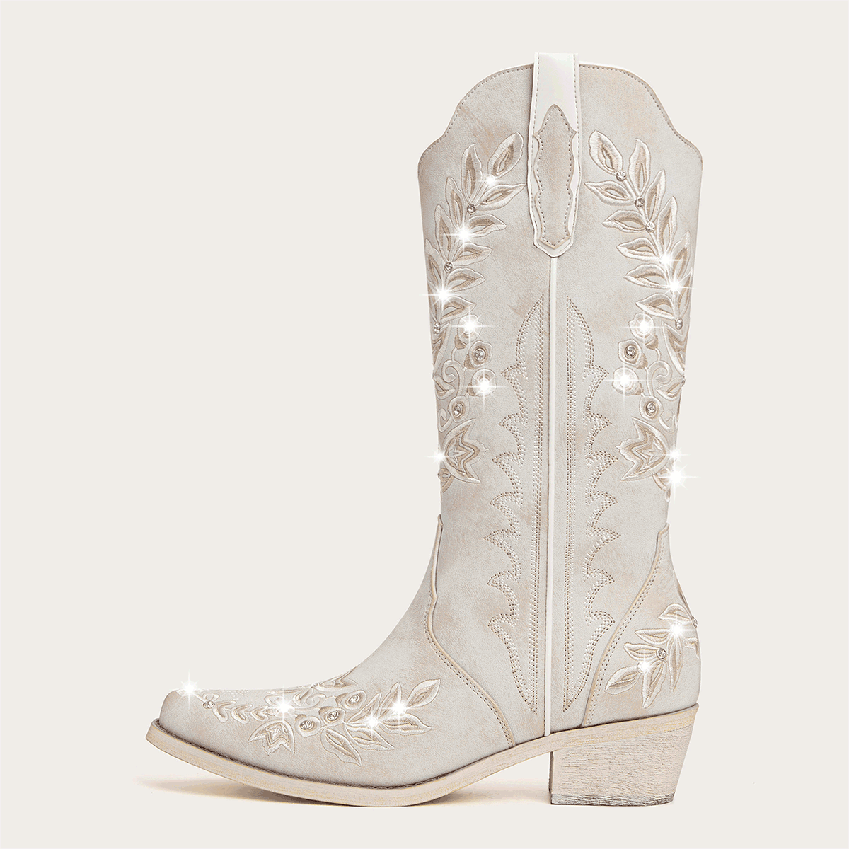 The Grace - Ivory Western Boots with Embroidered Floral and Rhinestone Accents