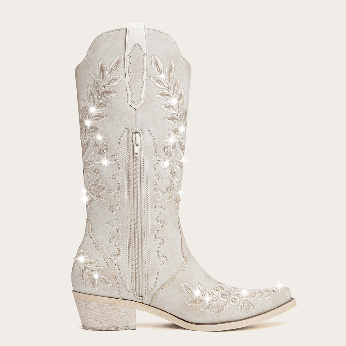 The Grace - Ivory Western Boots with Embroidered Floral and Rhinestone Accents