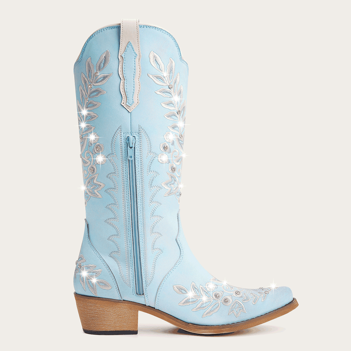 The Grace - Blue Western Boots with Embroidered Floral and Rhinestone Accents