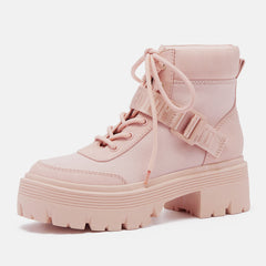 Women's Pink Platform Chunky Heel Buckle Combat Canvas Ankle Boots