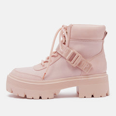 Women's Pink Platform Chunky Heel Buckle Combat Canvas Ankle Boots