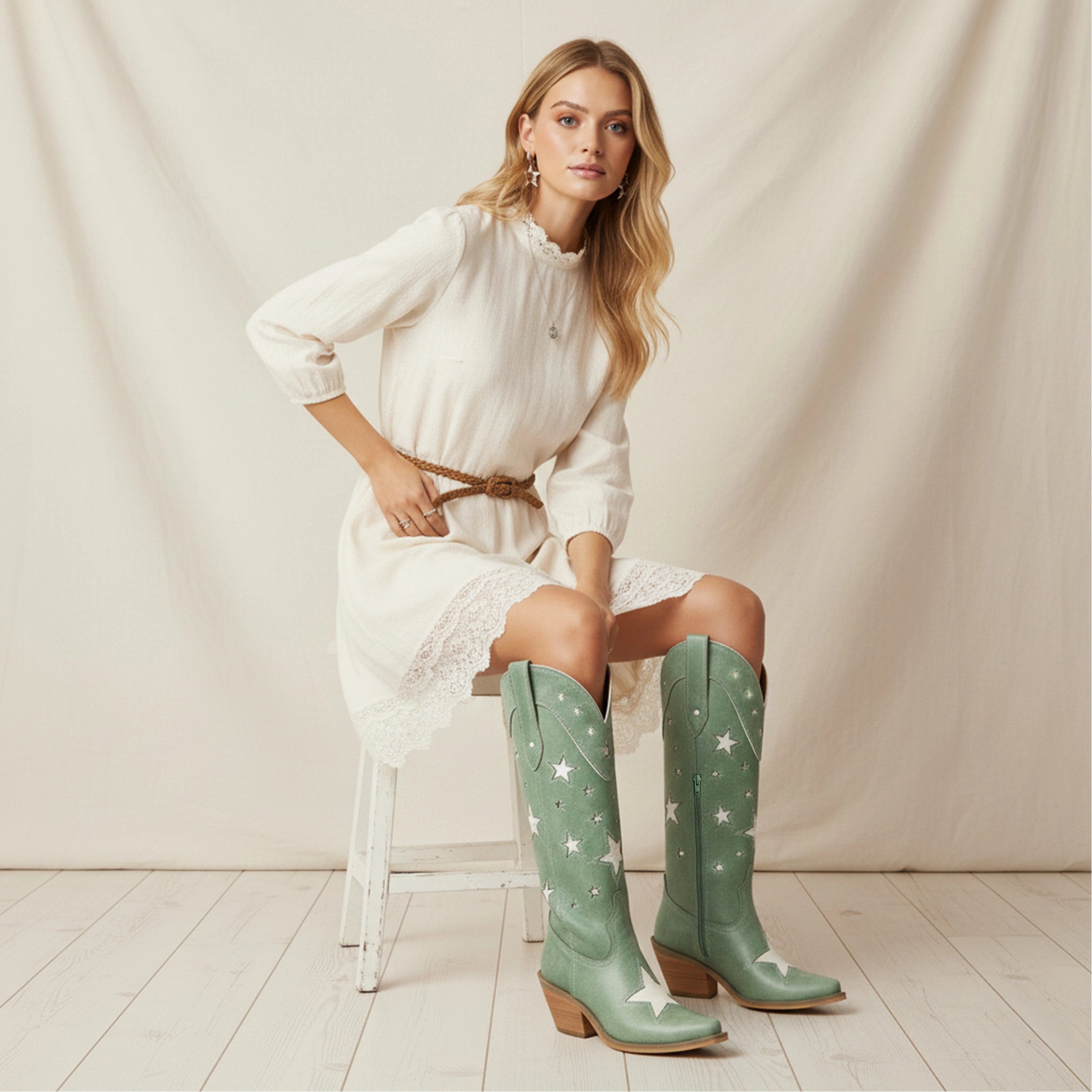The Hensley - Celestial Green Starry Tall Cowgirl Boots with White Embroidery