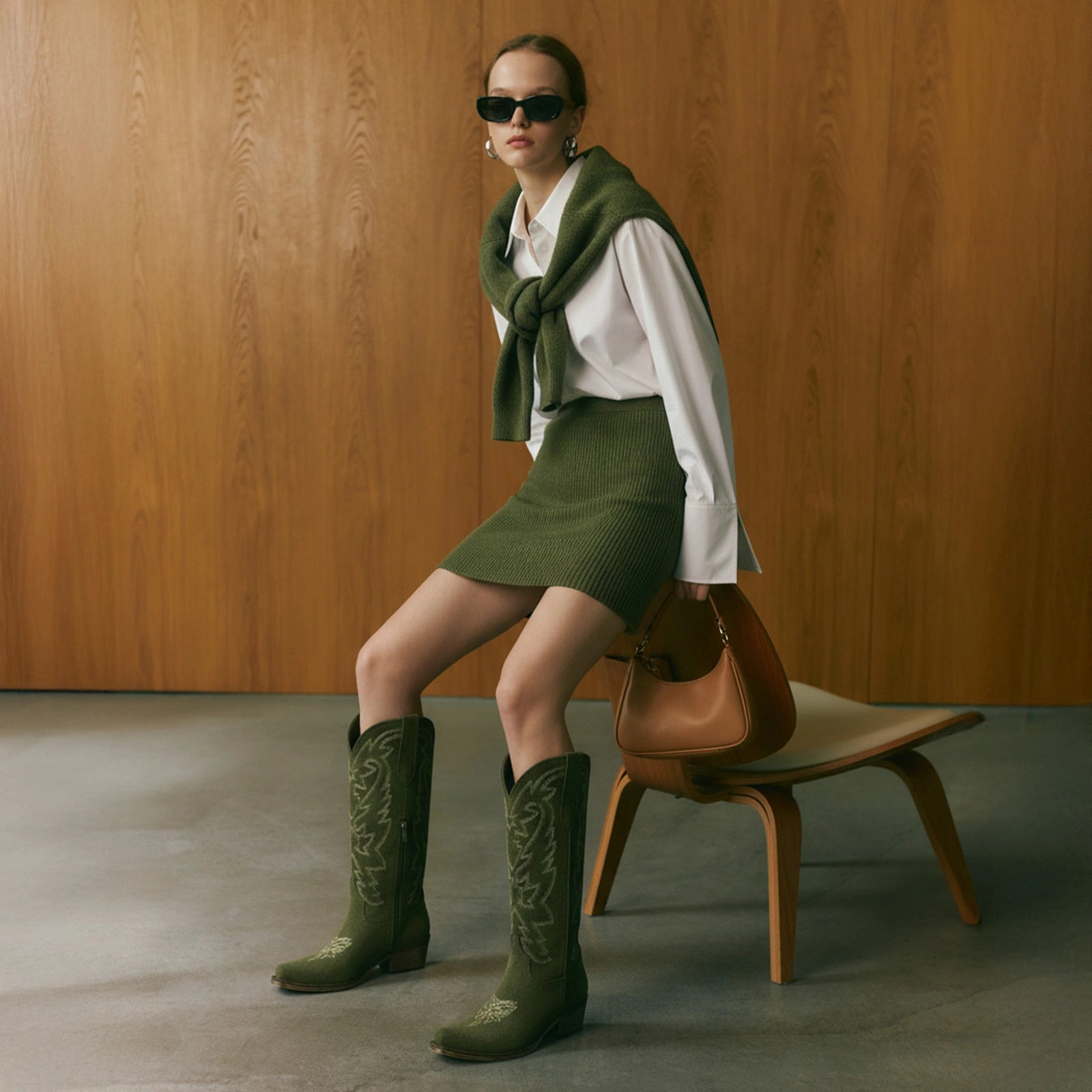 The Molly Wood – Olive Suede Snip Toe Embroidered Cute Comfortable Tall Cowgirl Boots