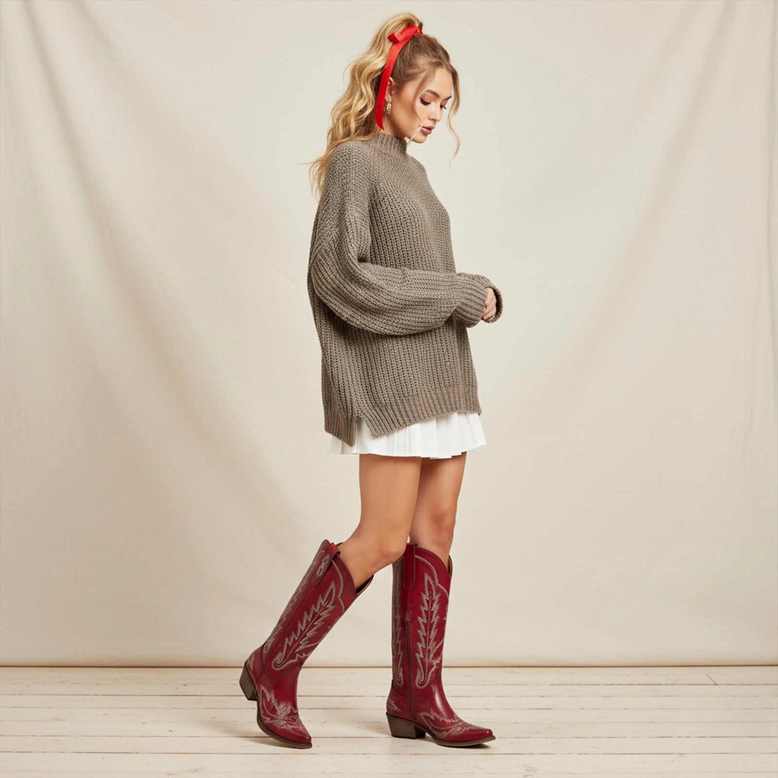 The Rosemary - Crimson Leather Classic Tall Cowgirl Boots with Embroidery