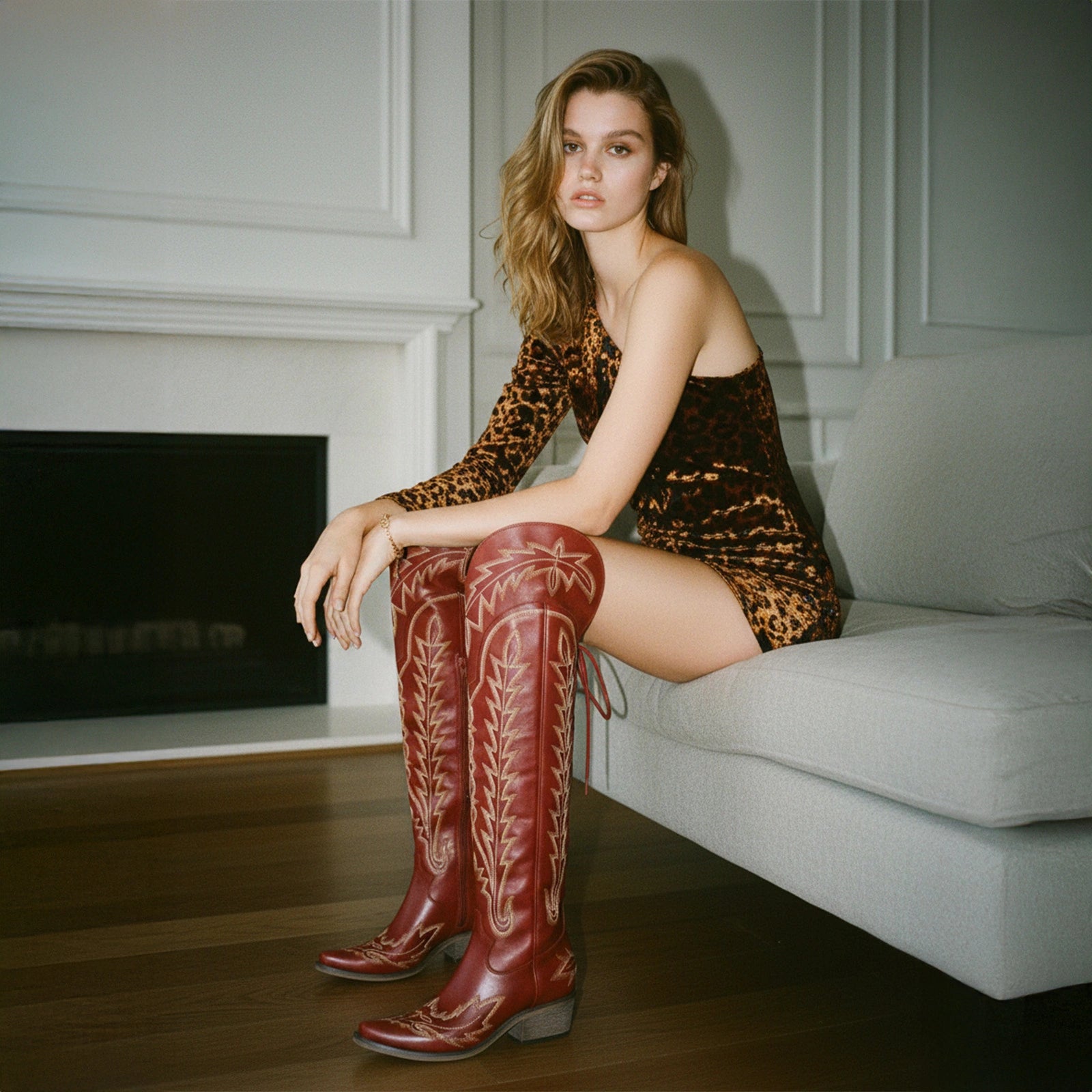 The Ross - Red Over-the-Knee Cowgirl Boots with Back Tie & Embroidery