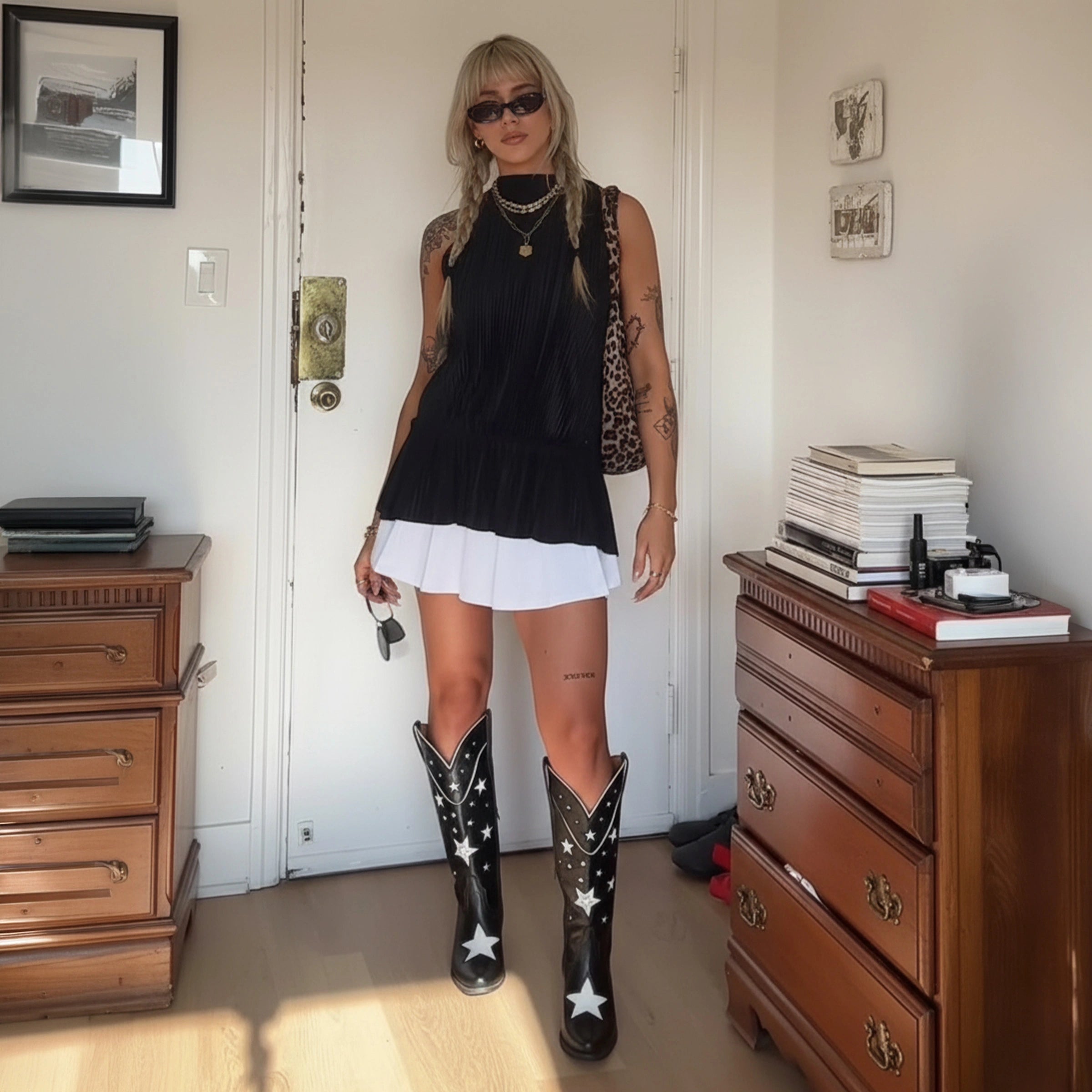 The Hensley - Black Starry Tall Cowgirl Boots with White Embroidery