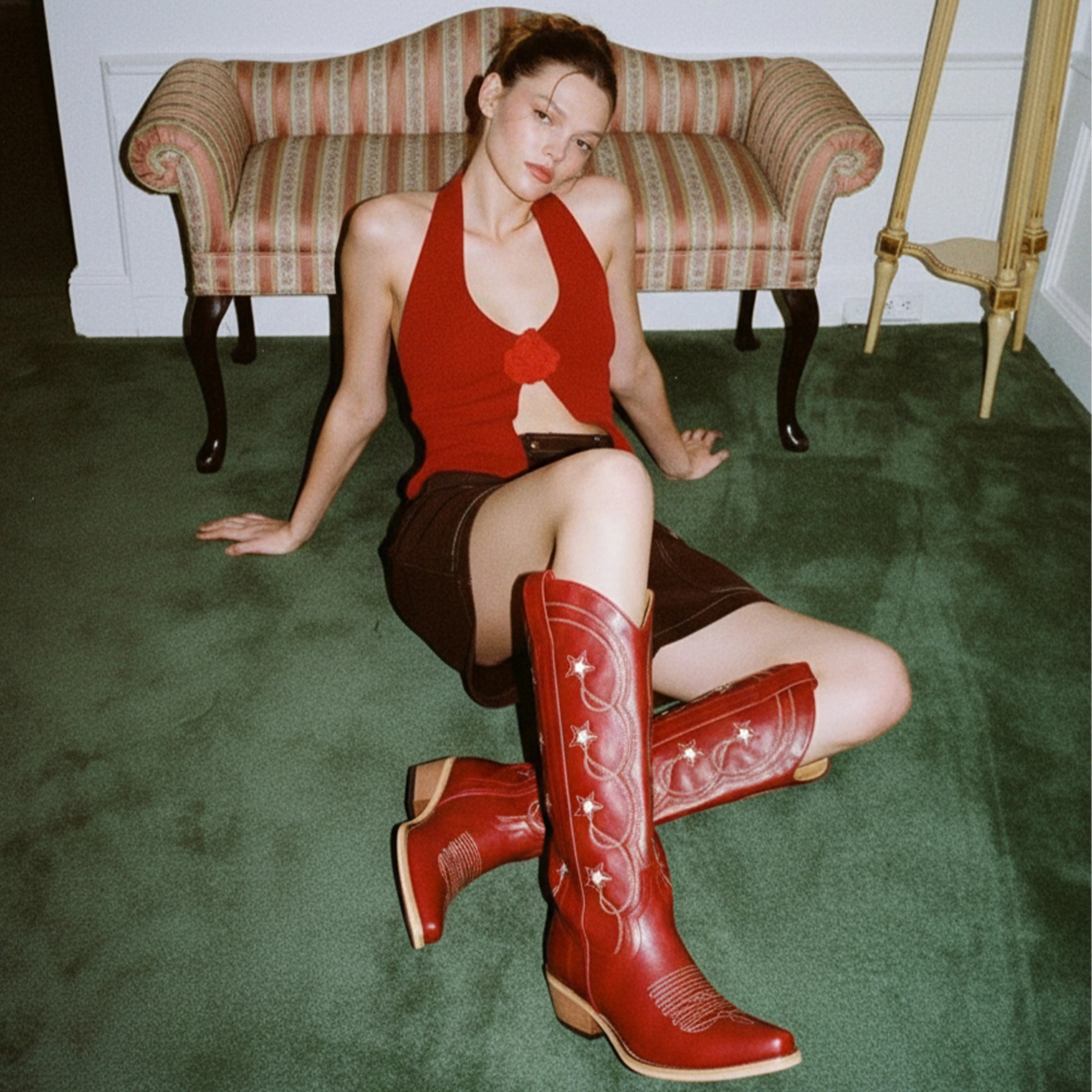 The Stella - Red Starry Embroidered Cowgirl Boots with Bold Detailing