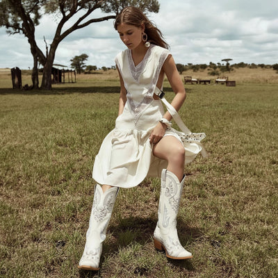The Aurelia - Cream Floral Embroidered Rhinestone Snip Toe Cowgirl Boots