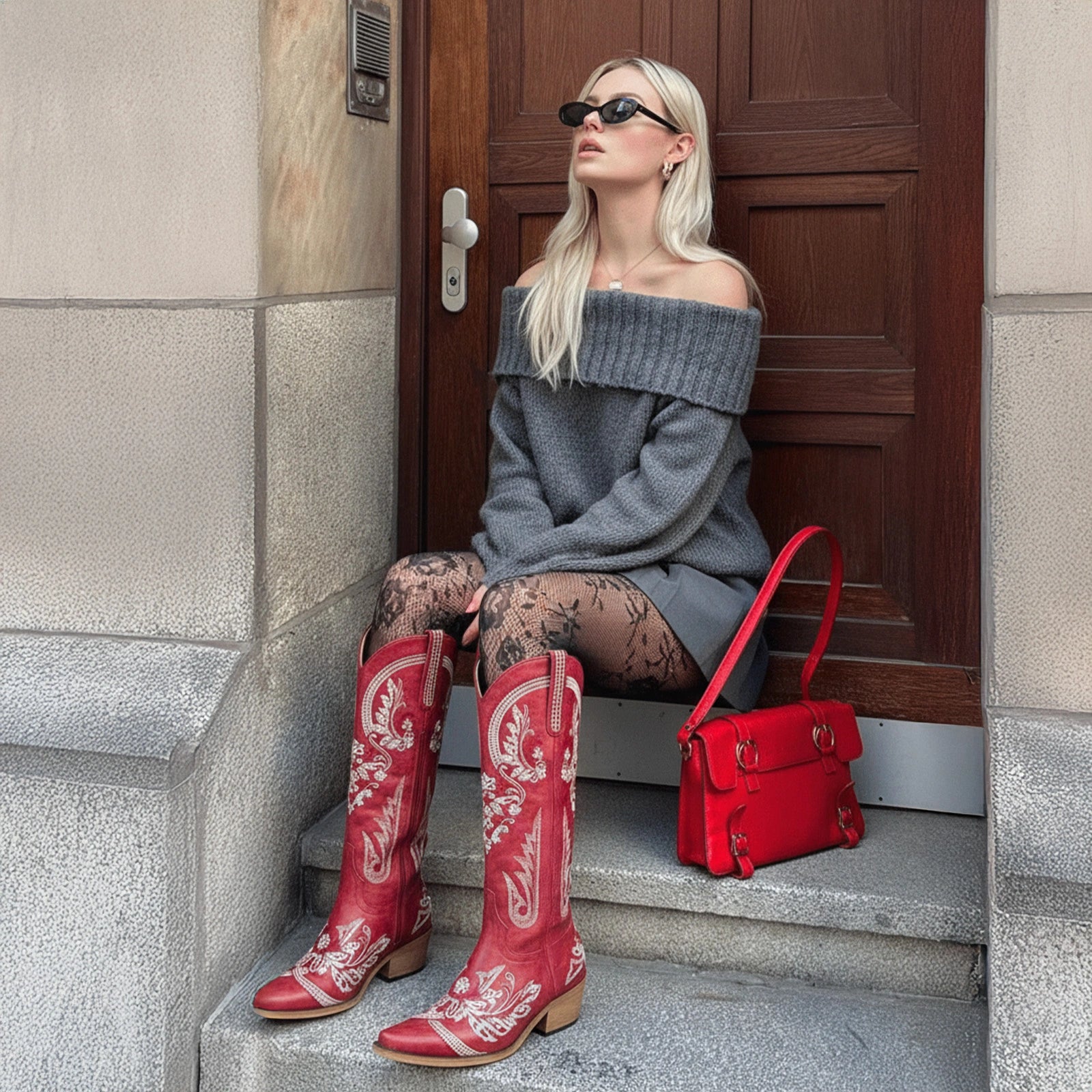 The Aurelia - Crimson Blaze Women's Cowgirl Boots with Snip Toe & Floral Embroidery