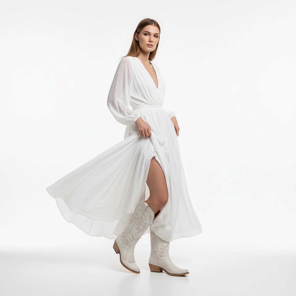 The Elizabeth - Ivory Cowgirl Boots Snip Toe with Embroidered Detail