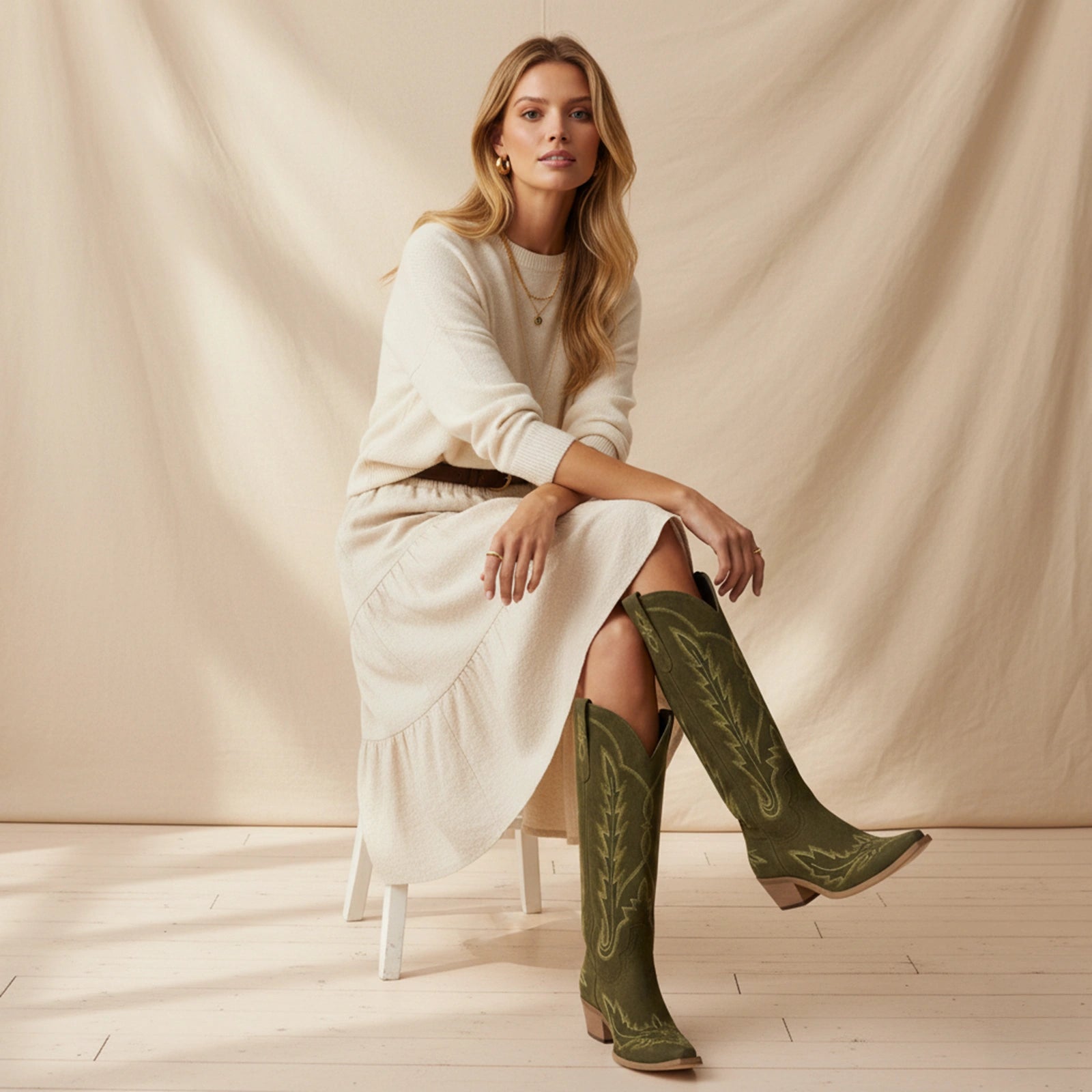 The Rosemary - Olive Suede Classic Tall Cowgirl Boots with Embroidery