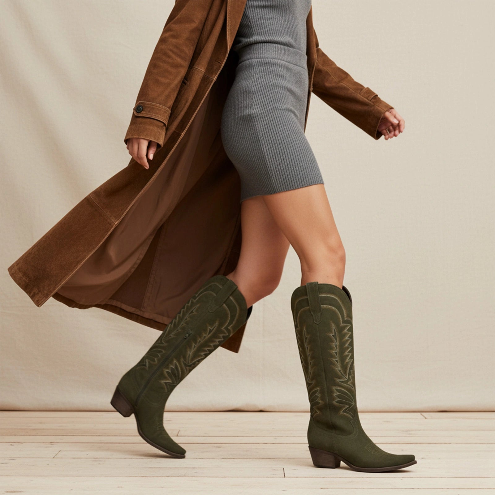 The Laurey - Olive Suede Embroidered Cowgirl Boots with Classic Western Flair