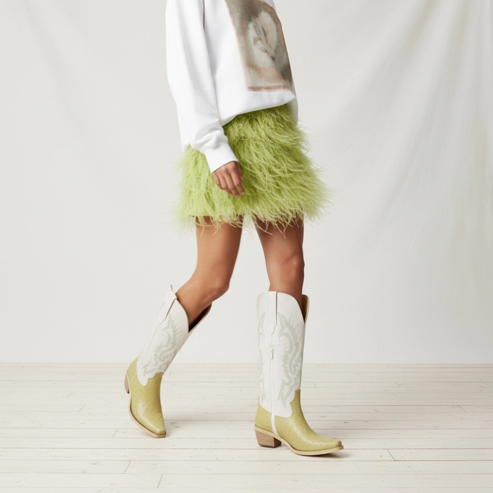 The Phoenix - Two-Tone Cowgirl Boots in Lime Faux Ostrich & Distressed White