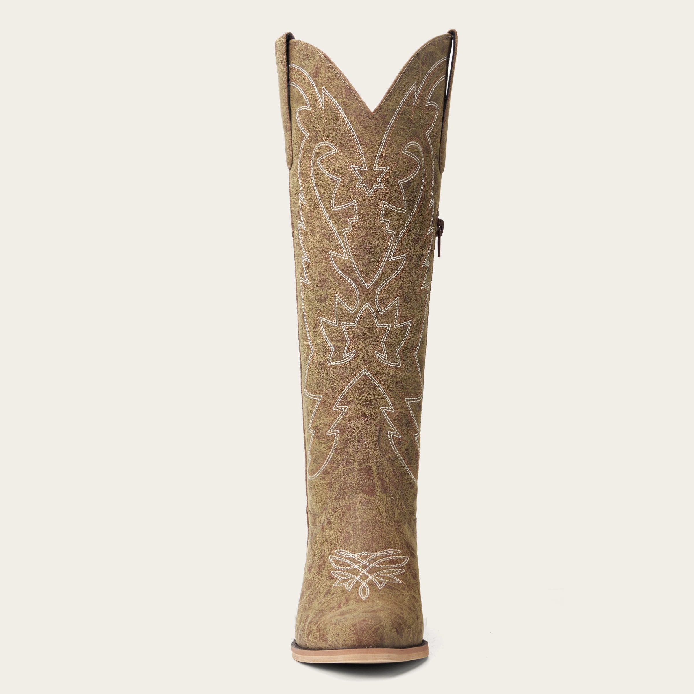 The Molly Wood - Distressed Beige Embroidered Tall Western Cowgirl Boots with Side Zipper