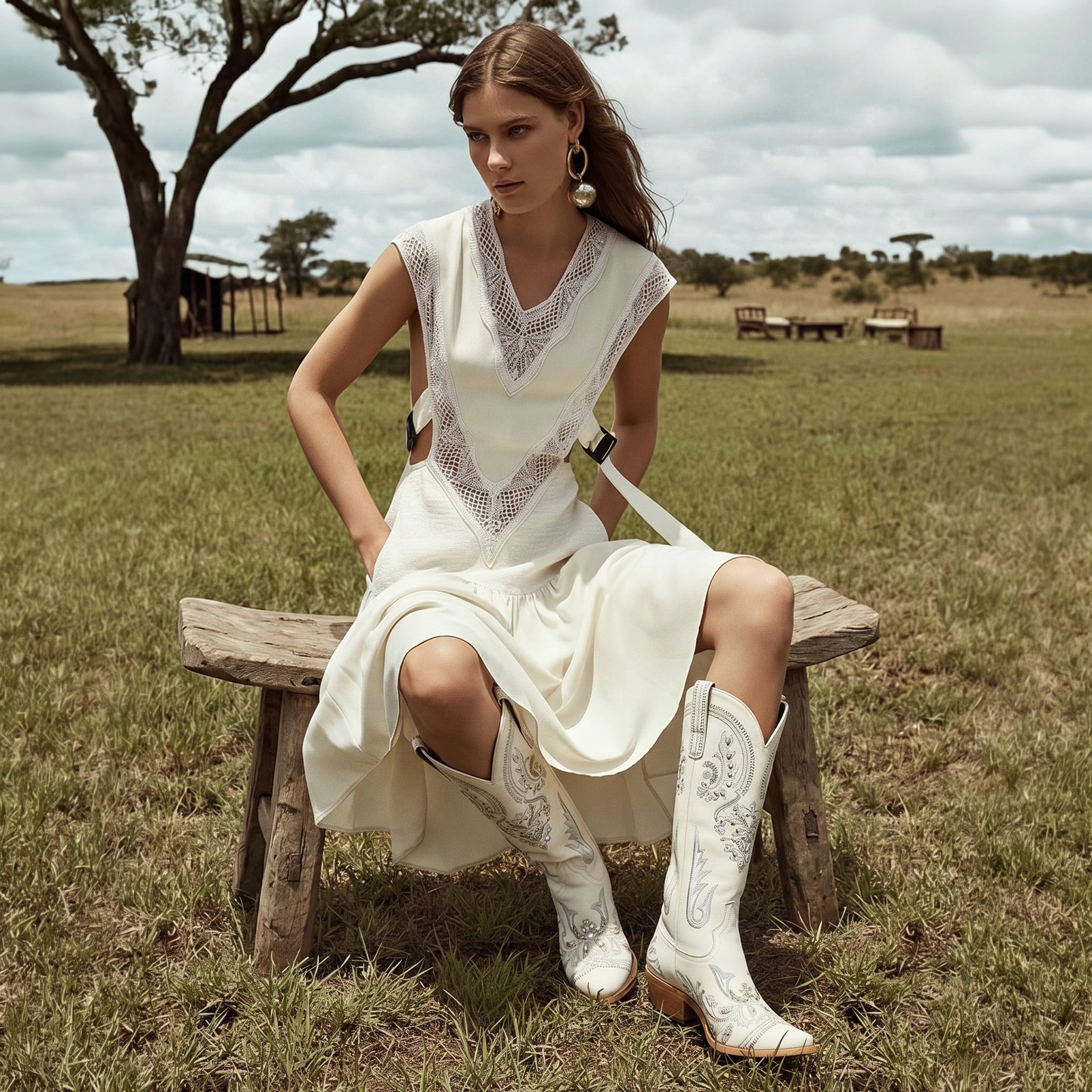 The Aurelia - Ivory Pearl Women's Cowgirl Boots with Snip Toe & Floral Embroidery