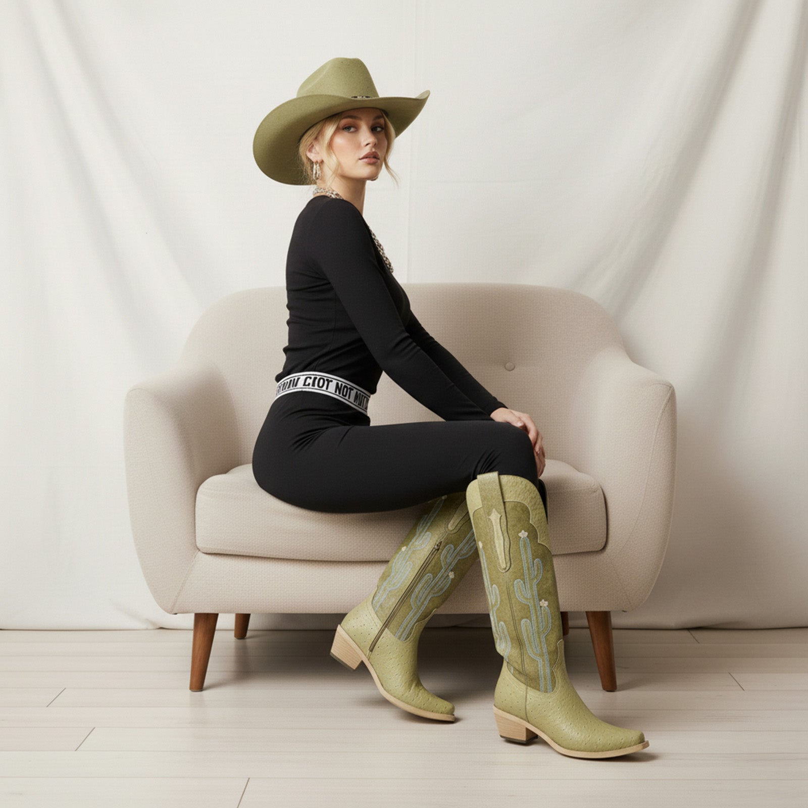 The Saguaro: Two-Tone Green Boots with Cactus Embroidery & Faux Ostrich